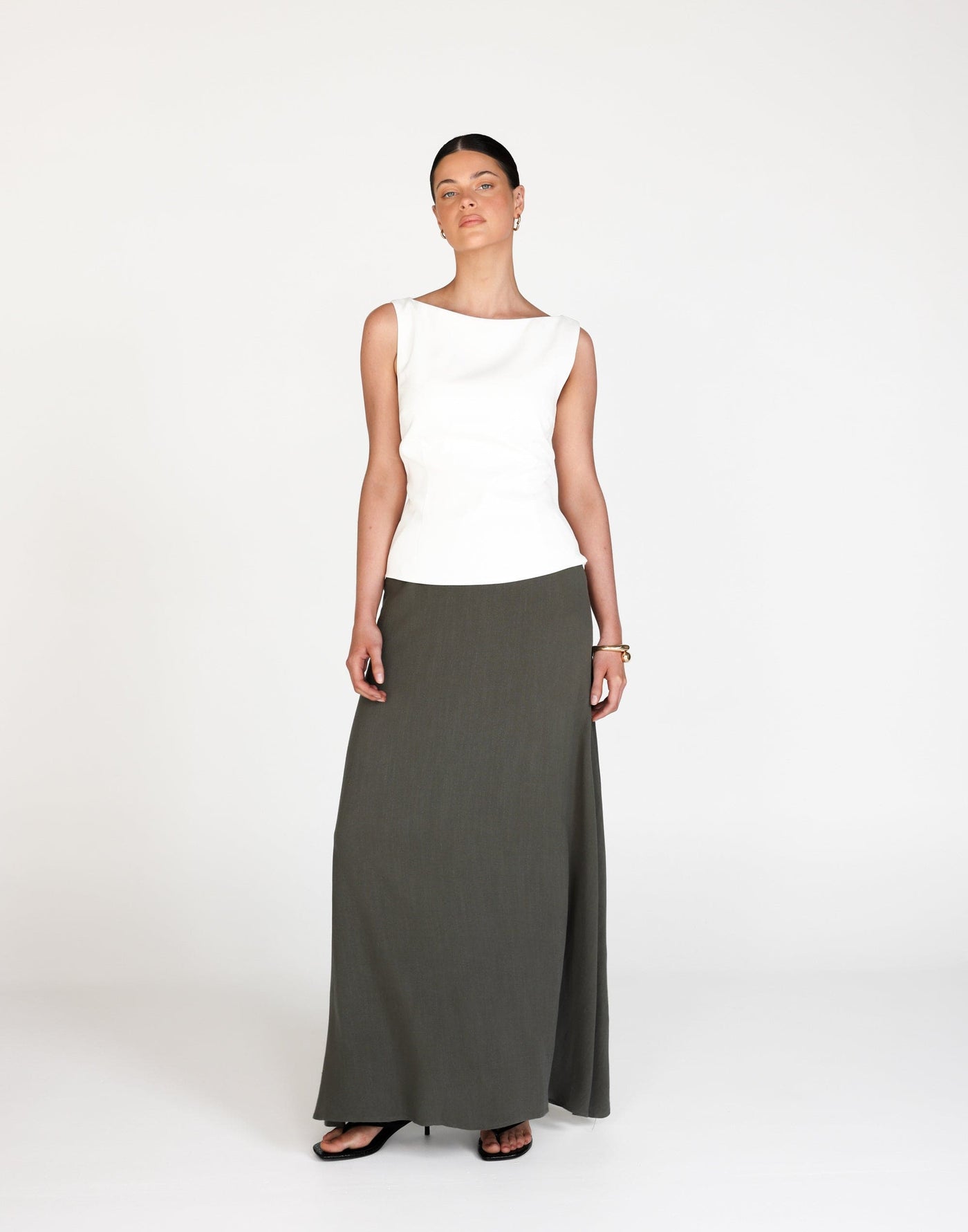 Miranda Maxi Skirt (Moss) | CHARCOAL Exclusive - Flared Flowy Elasticated Waist Maxi Skirt - Women's Skirt - Charcoal Clothing
