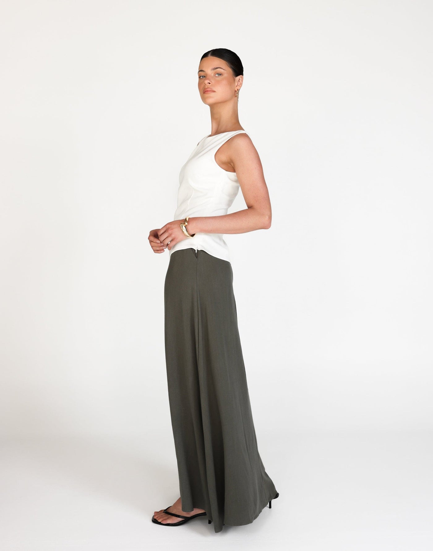 Miranda Maxi Skirt (Moss) | CHARCOAL Exclusive - Flared Flowy Elasticated Waist Maxi Skirt - Women's Skirt - Charcoal Clothing