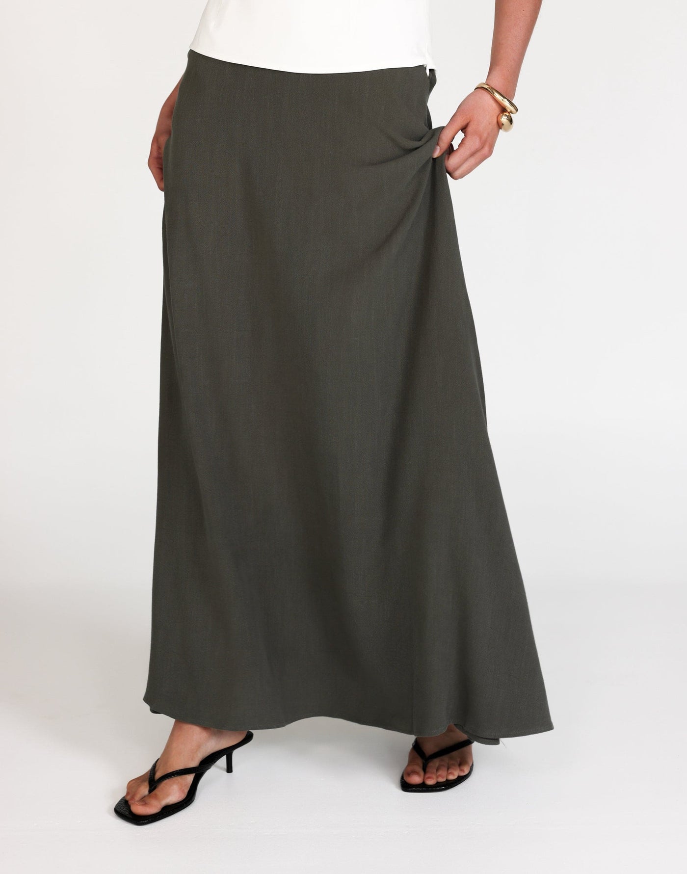 Miranda Maxi Skirt (Moss) | CHARCOAL Exclusive - Flared Flowy Elasticated Waist Maxi Skirt - Women's Skirt - Charcoal Clothing