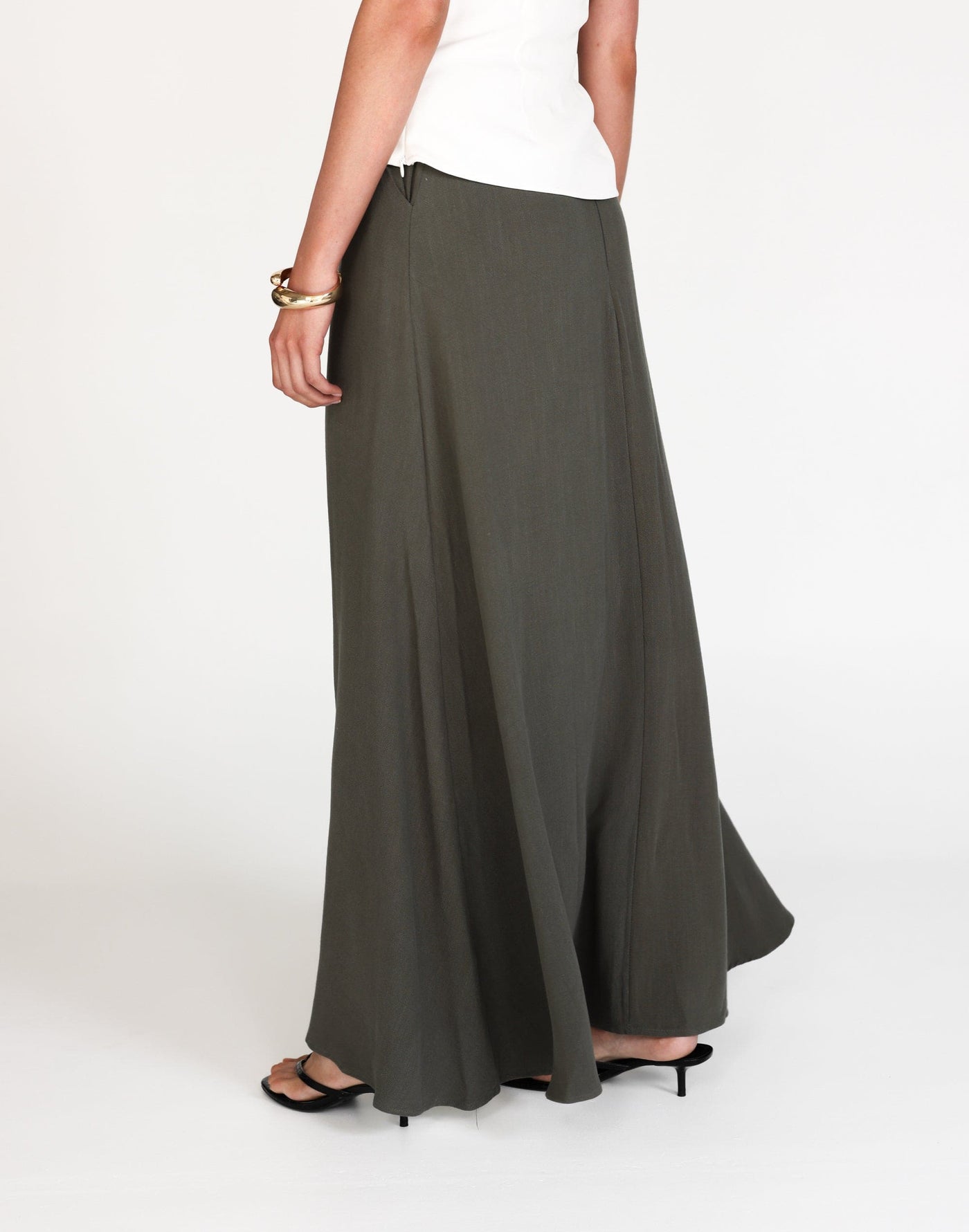 Miranda Maxi Skirt (Moss) | CHARCOAL Exclusive - Flared Flowy Elasticated Waist Maxi Skirt - Women's Skirt - Charcoal Clothing