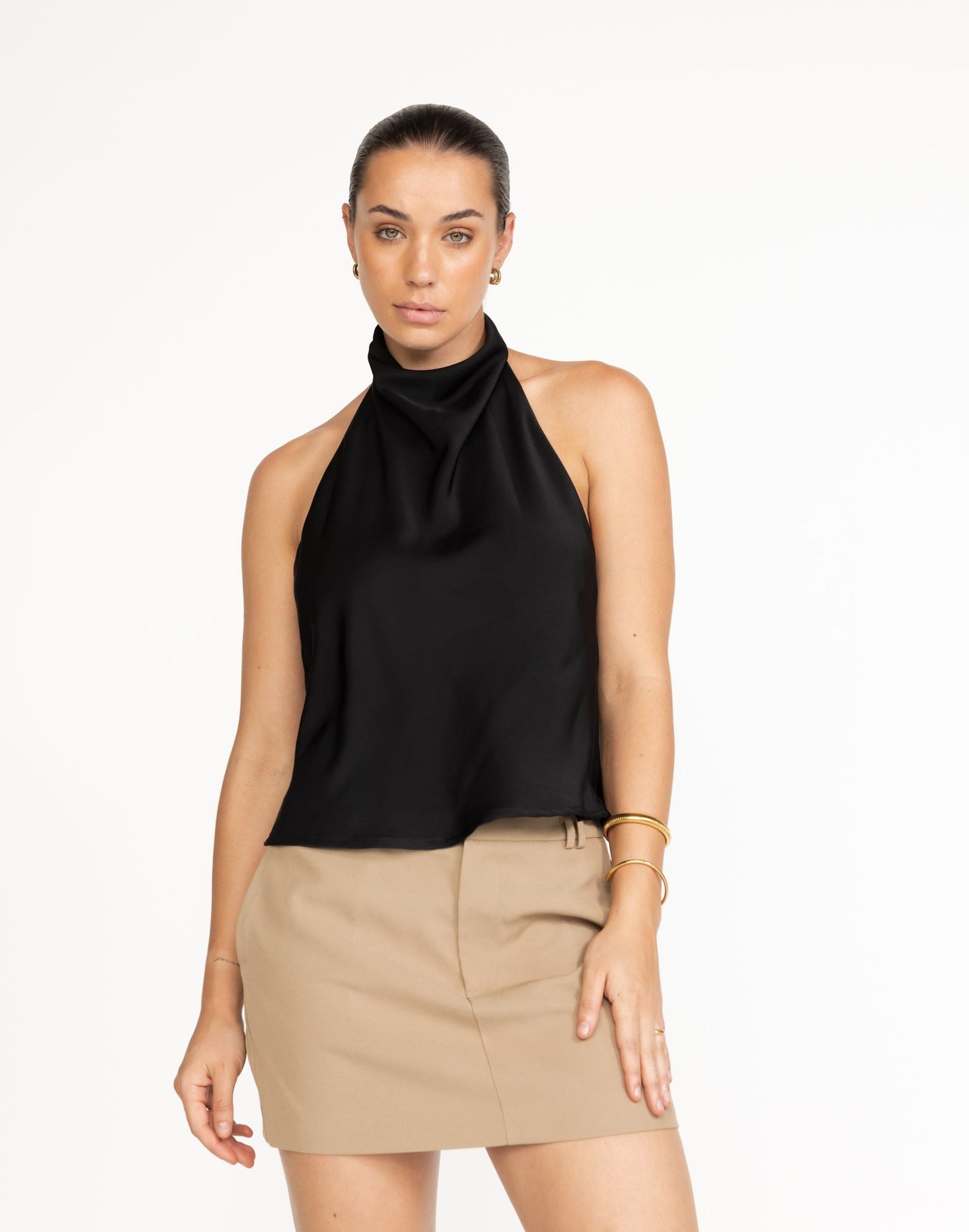 Gilda Top (Black) | CHARCOAL Exclusive - High Neckline Cowl Open Back - Women's Top - Charcoal Clothing