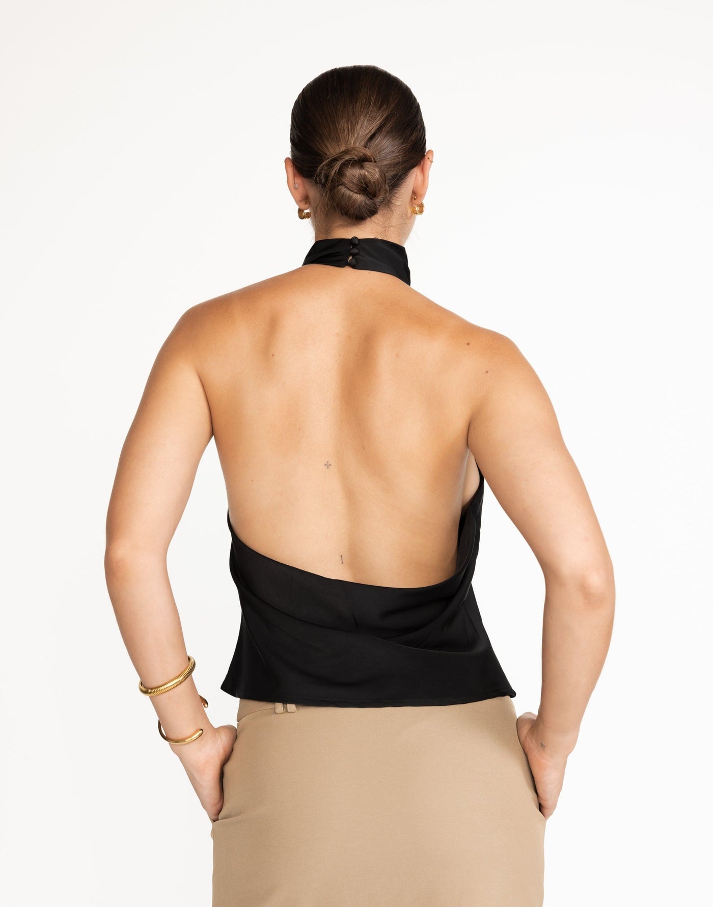 Gilda Top (Black) | CHARCOAL Exclusive - High Neckline Cowl Open Back - Women's Top - Charcoal Clothing