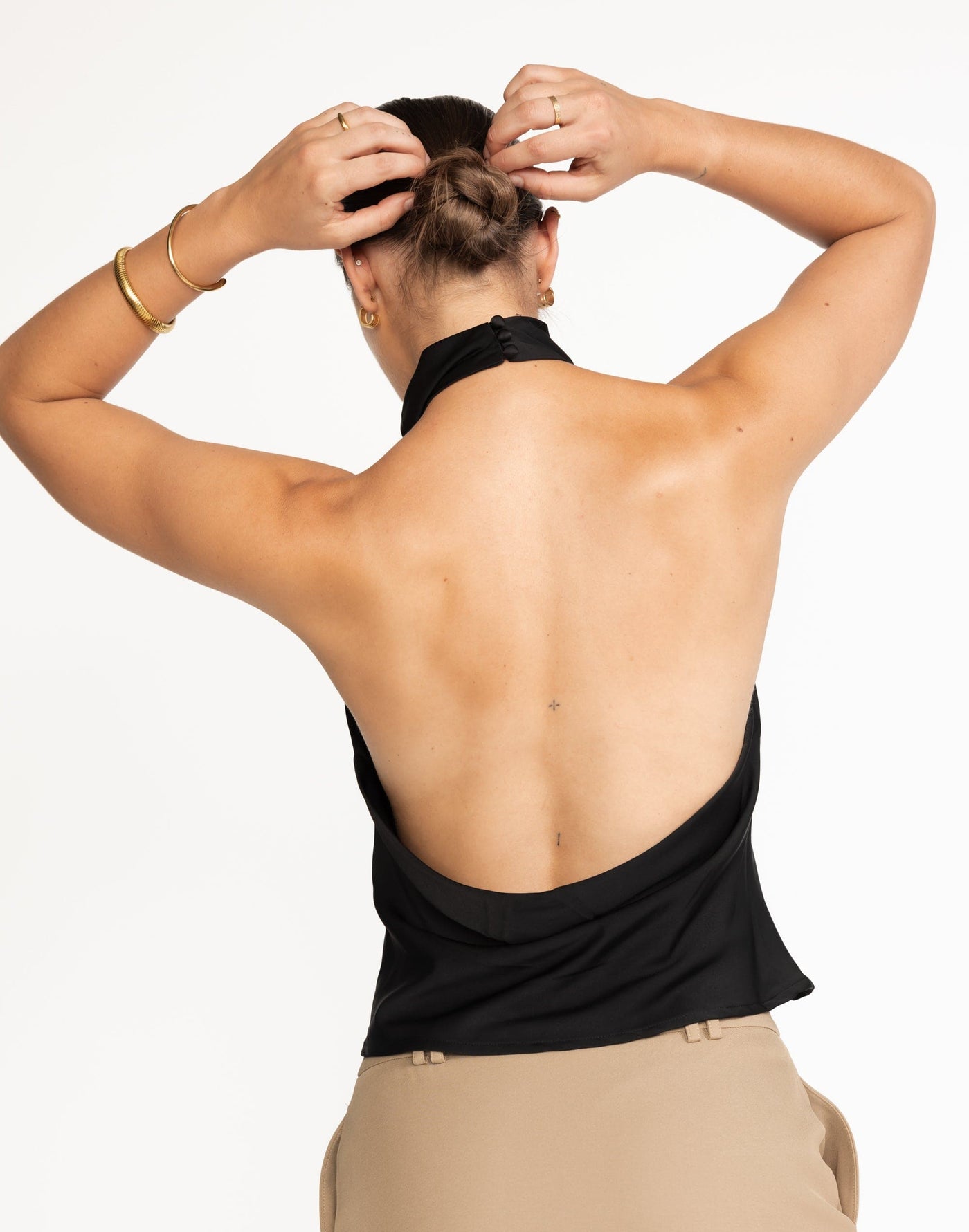 Gilda Top (Black) | CHARCOAL Exclusive - High Neckline Cowl Open Back - Women's Top - Charcoal Clothing