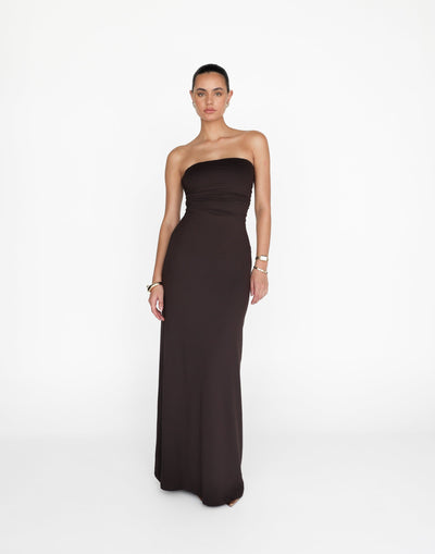 Sarie Maxi Dress (Chocolate) | CHARCOAL Exclusive - Strapless Bodycon Jersey Flared Hem Gathered Detail Maxi Dress - Women's Dress - Charcoal Clothing