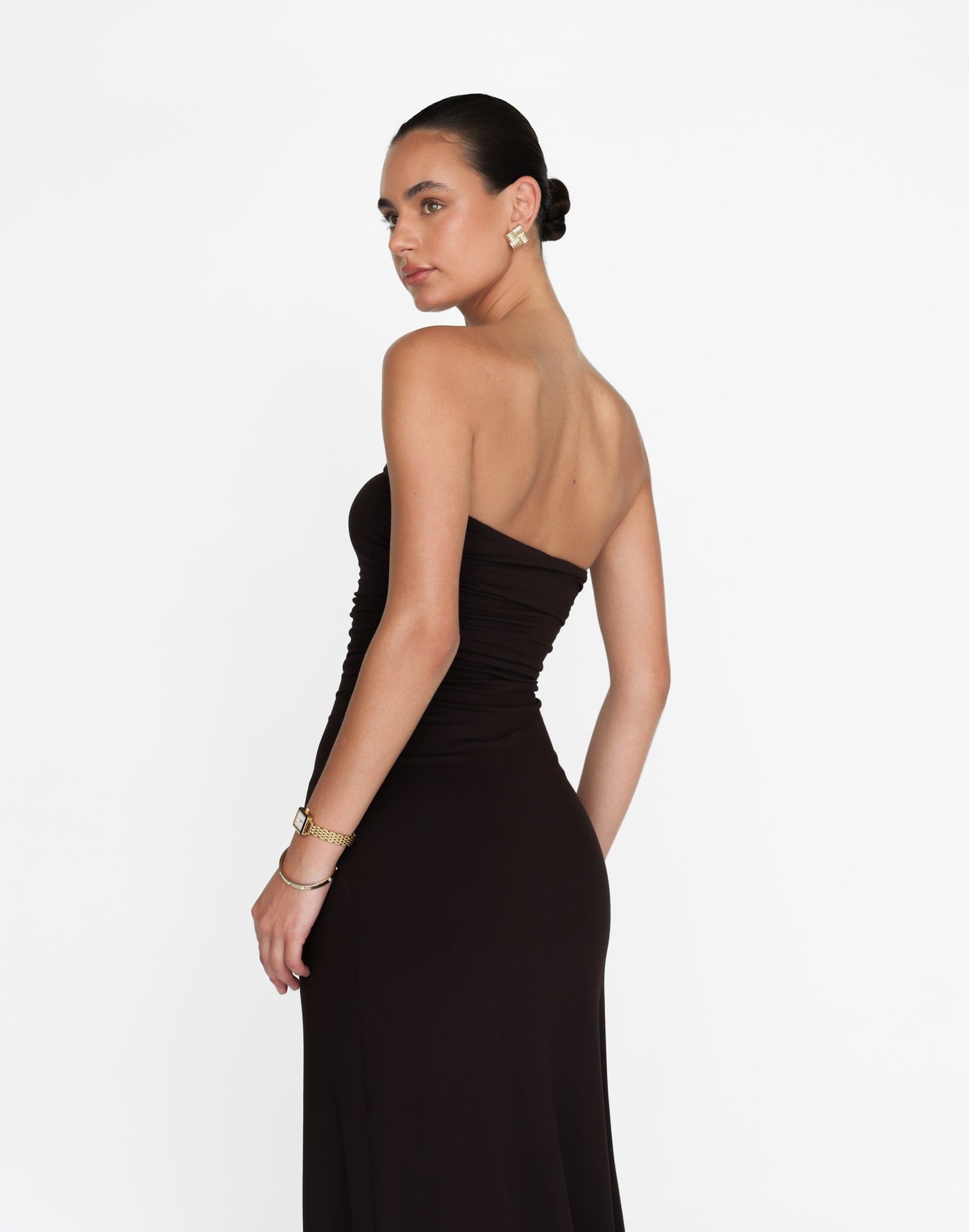 Sarie Maxi Dress (Chocolate) | CHARCOAL Exclusive - Strapless Bodycon Jersey Flared Hem Gathered Detail Maxi Dress - Women's Dress - Charcoal Clothing