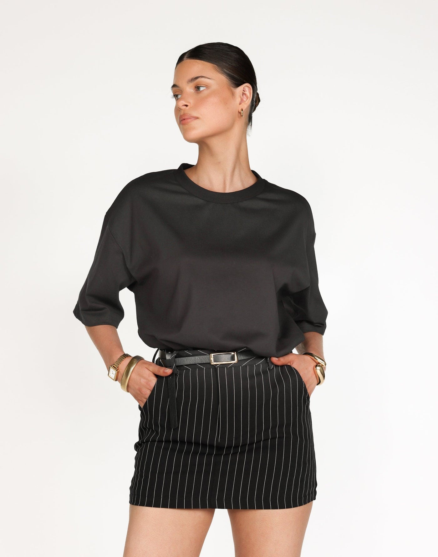 Samantha Mini Skirt (Black) | CHARCOAL Exclusive - Pinstripe Functional Pocket Mini Skirt - Women's Skirt - Charcoal Clothing