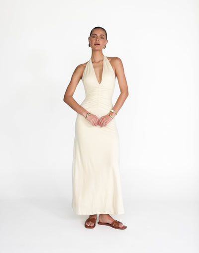 Araminta Maxi Dress (Oat) | CHARCOAL Exclusive - V-neck Open Front Gathered Bust Bodycon Maxi Dress - Women's Dress - Charcoal Clothing