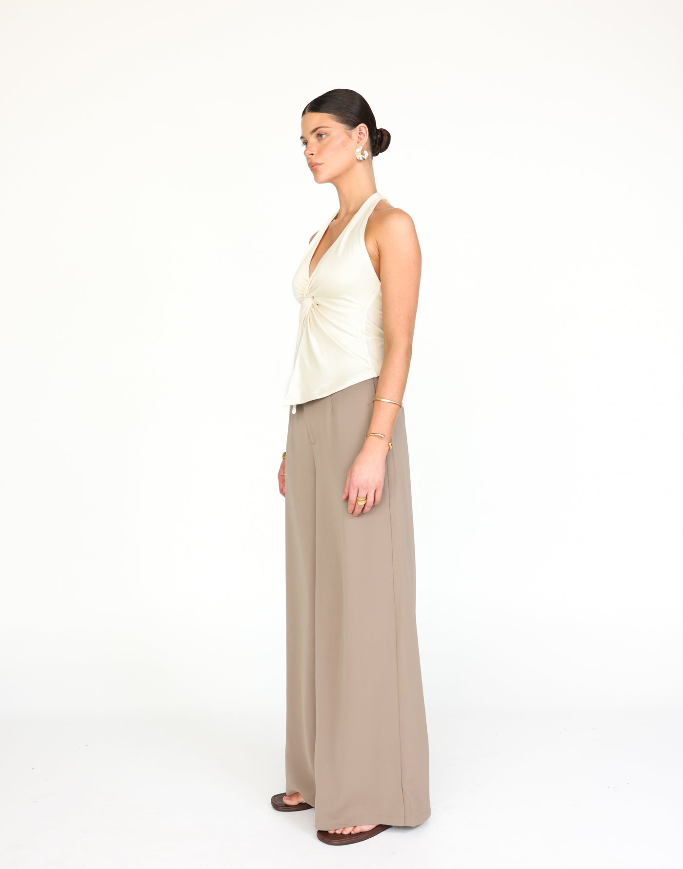 Raki Top (Oat) | CHARCOAL Exclusive - Longline Halter Top Knot Detail Jersey Top - Women's Top - Charcoal Clothing