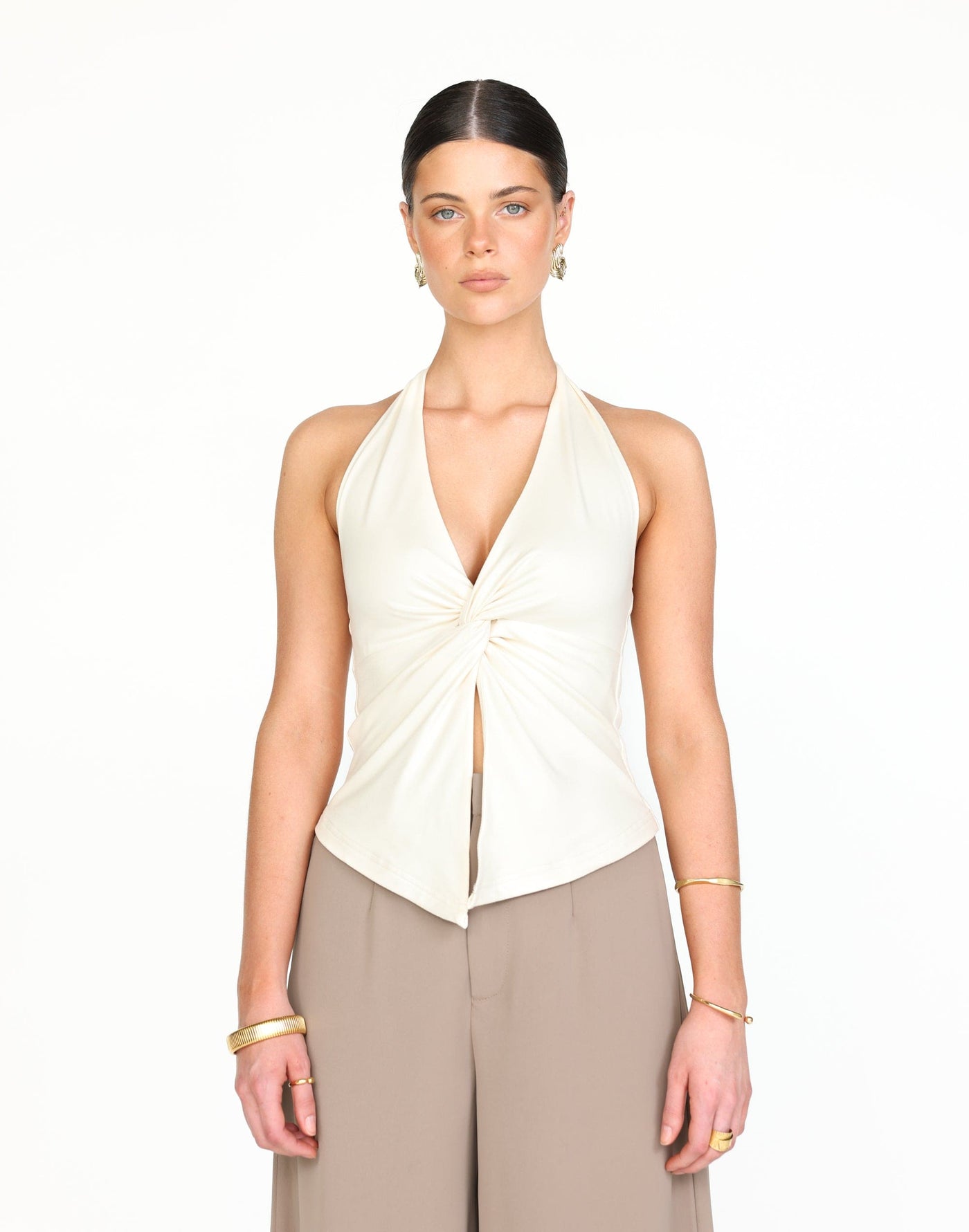 Raki Top (Oat) | CHARCOAL Exclusive - Longline Halter Top Knot Detail Jersey Top - Women's Top - Charcoal Clothing