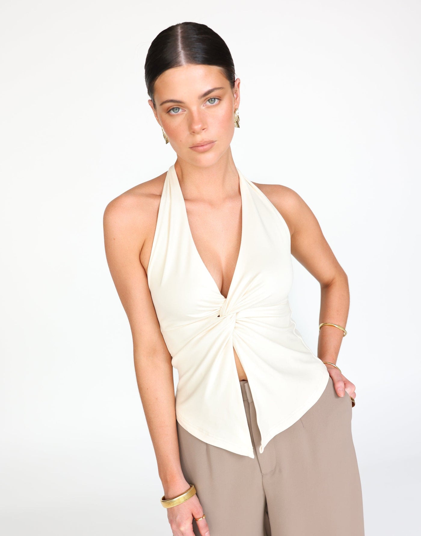Raki Top (Oat) | CHARCOAL Exclusive - Longline Halter Top Knot Detail Jersey Top - Women's Top - Charcoal Clothing