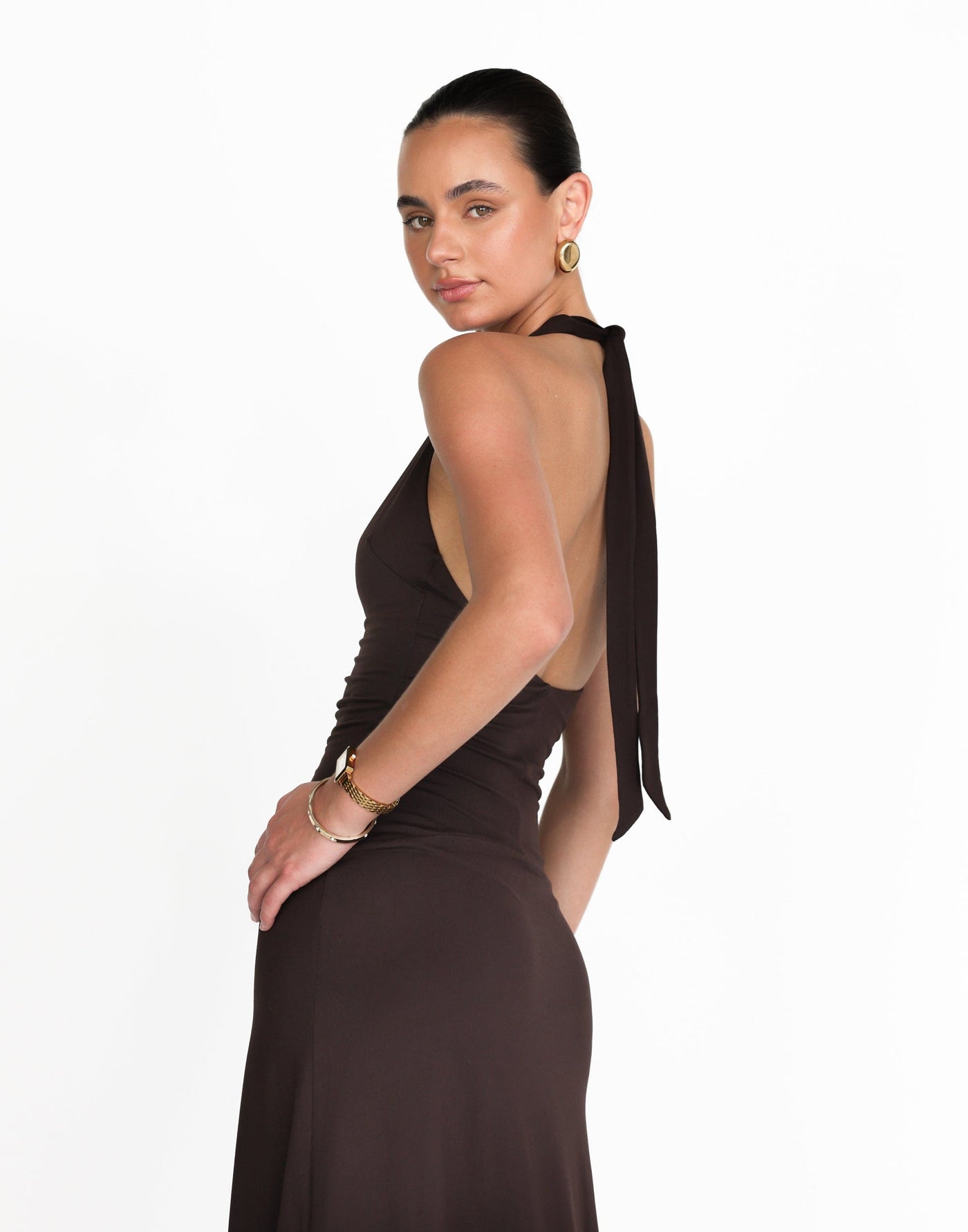 Araminta Maxi Dress (Chocolate) | CHARCOAL Exclusive - V-neck Open Front Gathered Bust Bodycon Maxi Dress - Women's Dress - Charcoal Clothing
