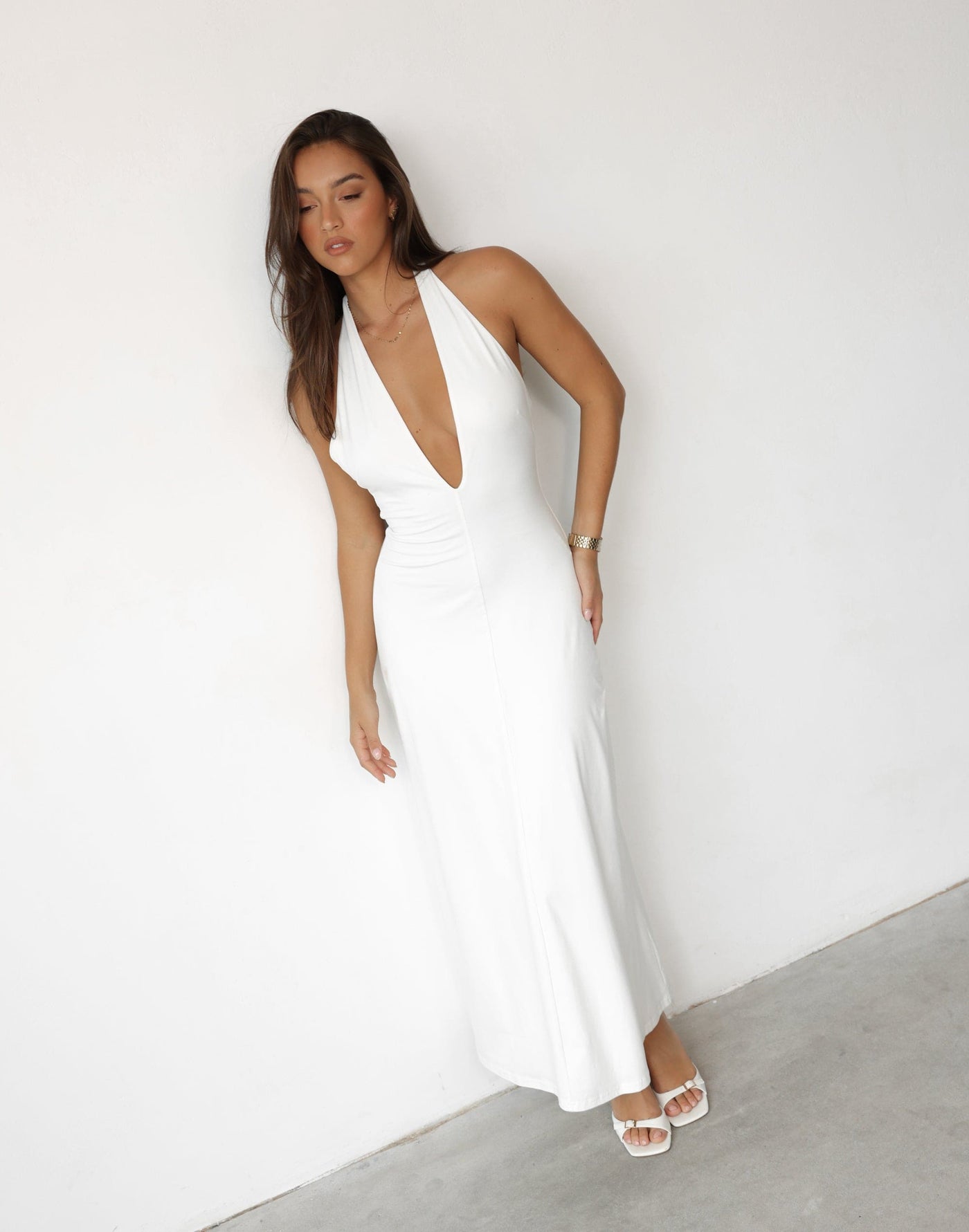 Victoria Maxi Dress (White) | Charcoal Clothing Exclusive - Halter V-Neck Butter Jersey Maxi Dress - Women's Dress - Charcoal Clothing