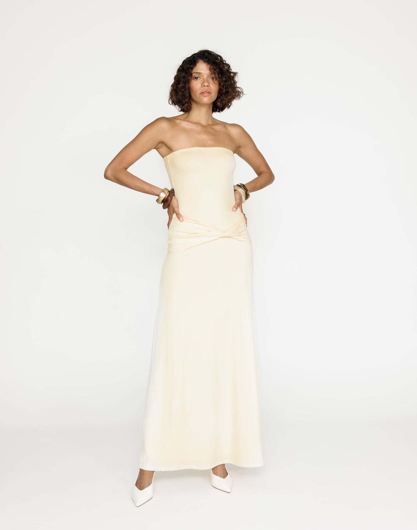 Edela Maxi Dress (Butter) | CHARCOAL Exclusive - Twisted Front Detail Bodycon Maxi - Women's Dress - Charcoal Clothing