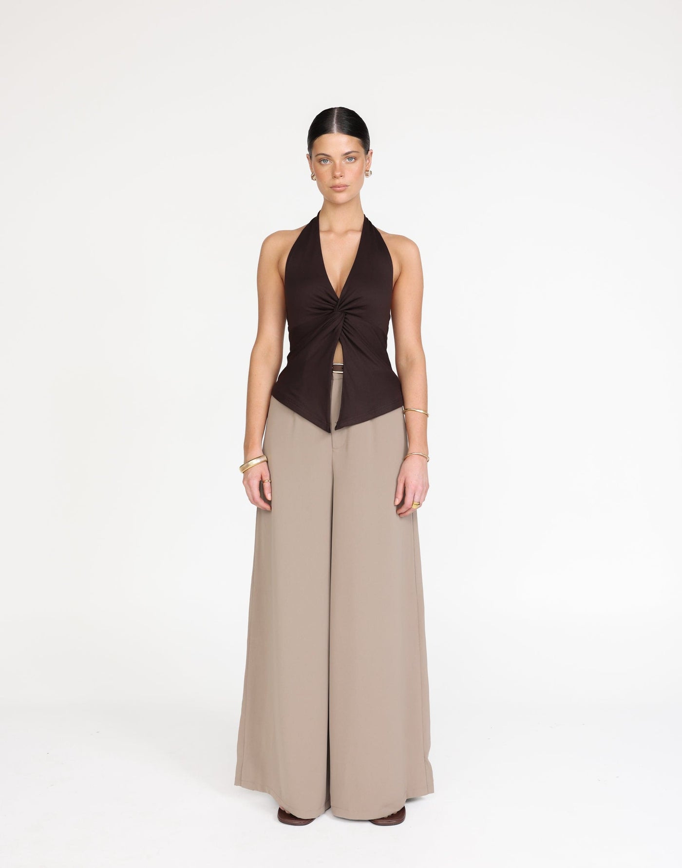 Raki Top (Chocolate) | CHARCOAL Exclusive - Longline Halter Top Knot Detail Jersey Top - Women's Top - Charcoal Clothing