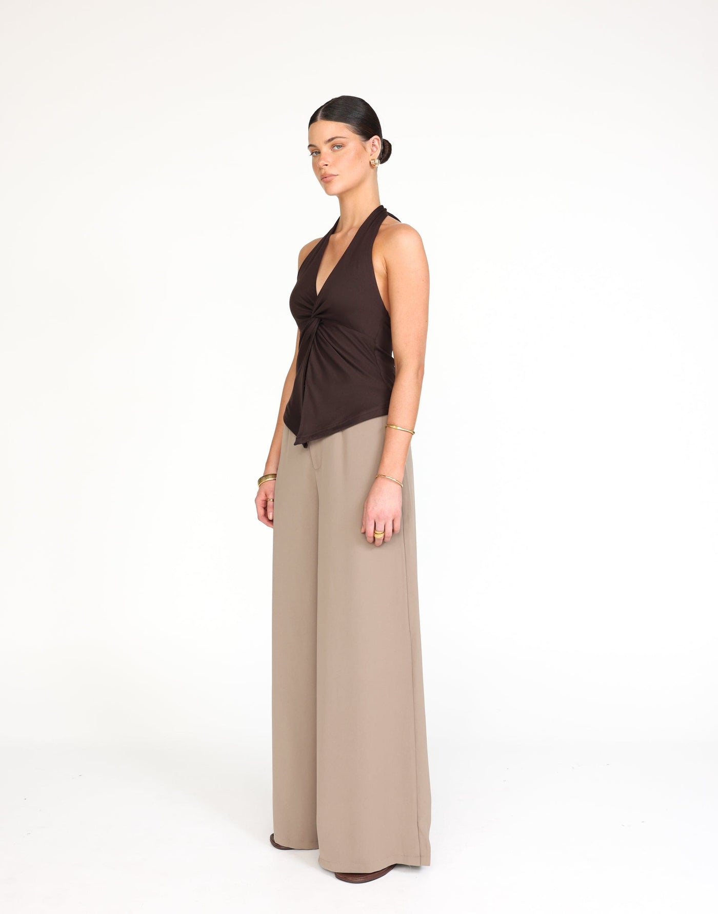 Raki Top (Chocolate) | CHARCOAL Exclusive - Longline Halter Top Knot Detail Jersey Top - Women's Top - Charcoal Clothing