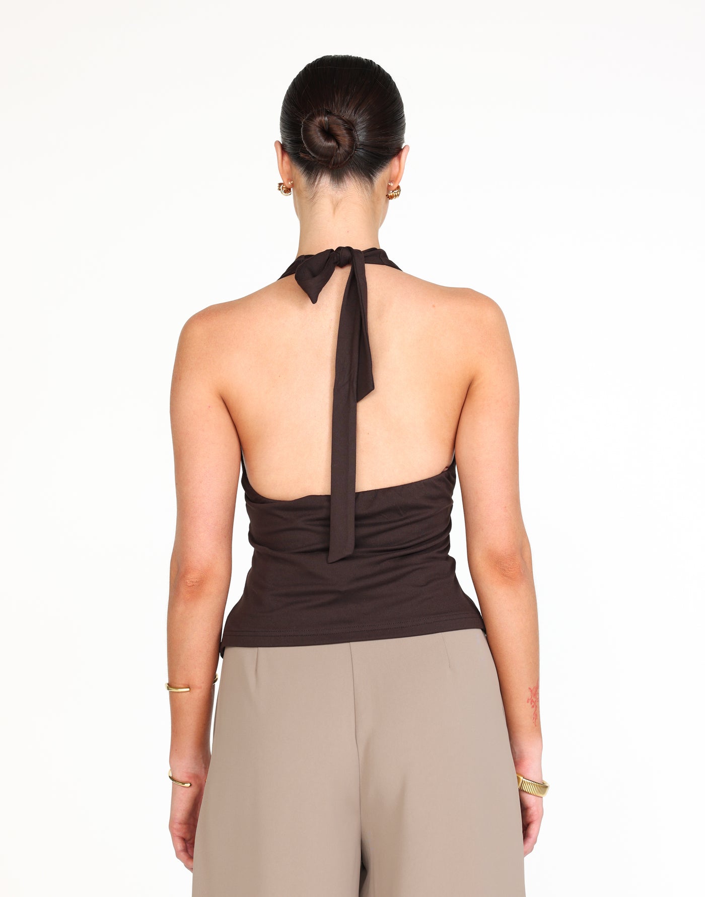 Raki Top (Chocolate) | CHARCOAL Exclusive - Longline Halter Top Knot Detail Jersey Top - Women's Top - Charcoal Clothing