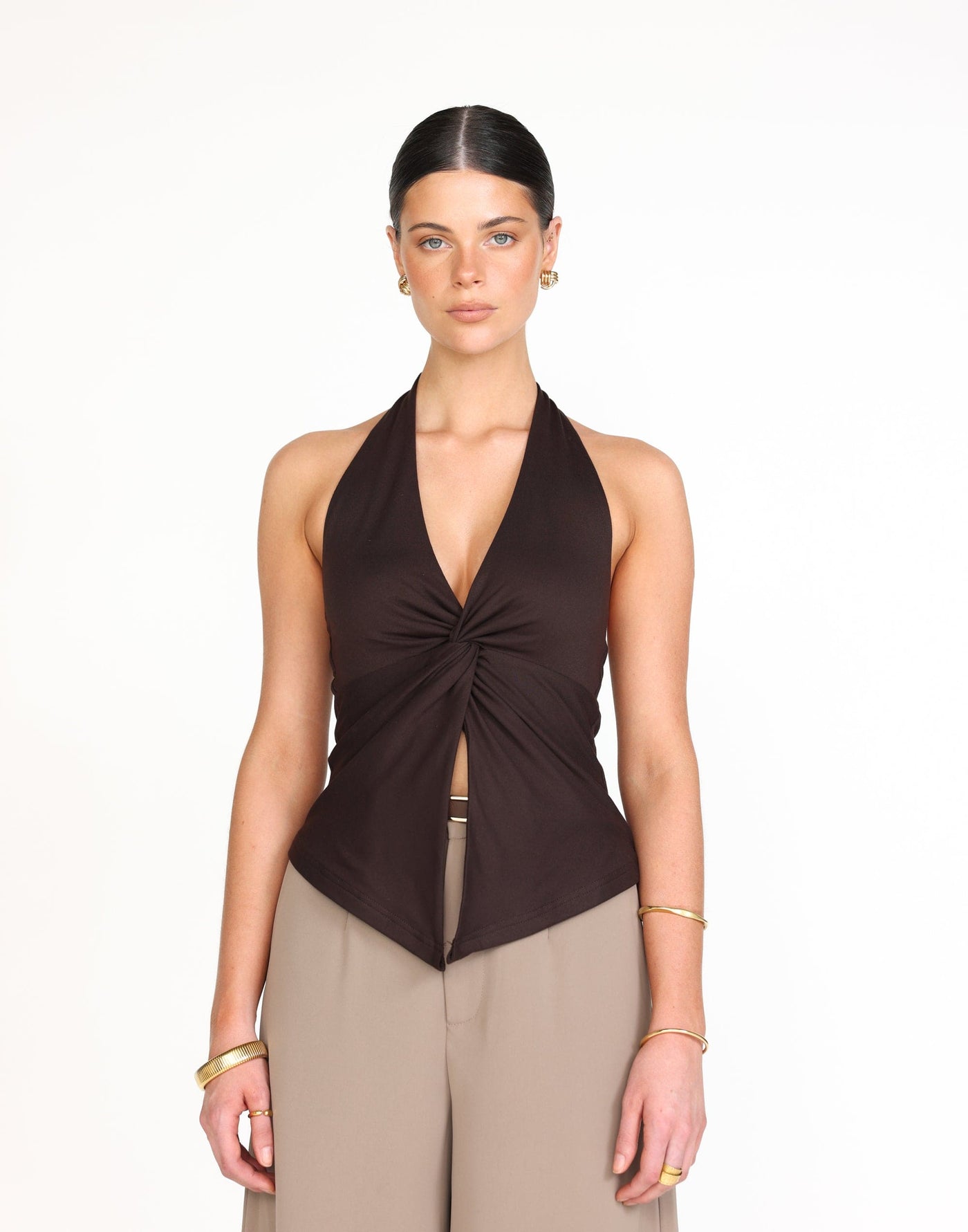 Raki Top (Chocolate) | CHARCOAL Exclusive - Longline Halter Top Knot Detail Jersey Top - Women's Top - Charcoal Clothing