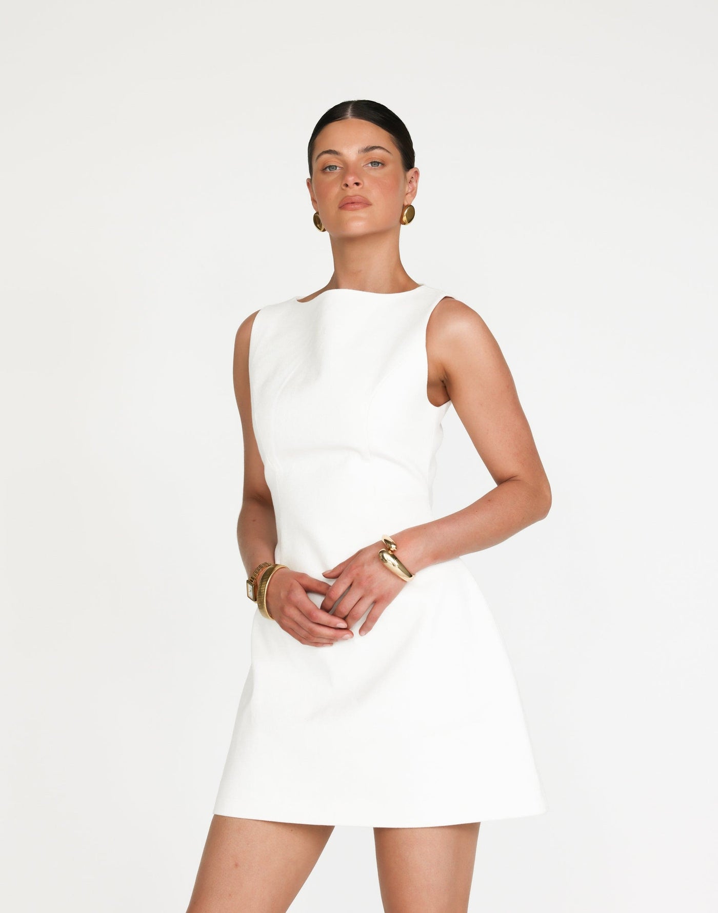 Anders Mini Dress (White) | CHARCOAL Exclusive - Wide Hip Flared Hem Fitted Mini Dress - Women's Dress - Charcoal Clothing