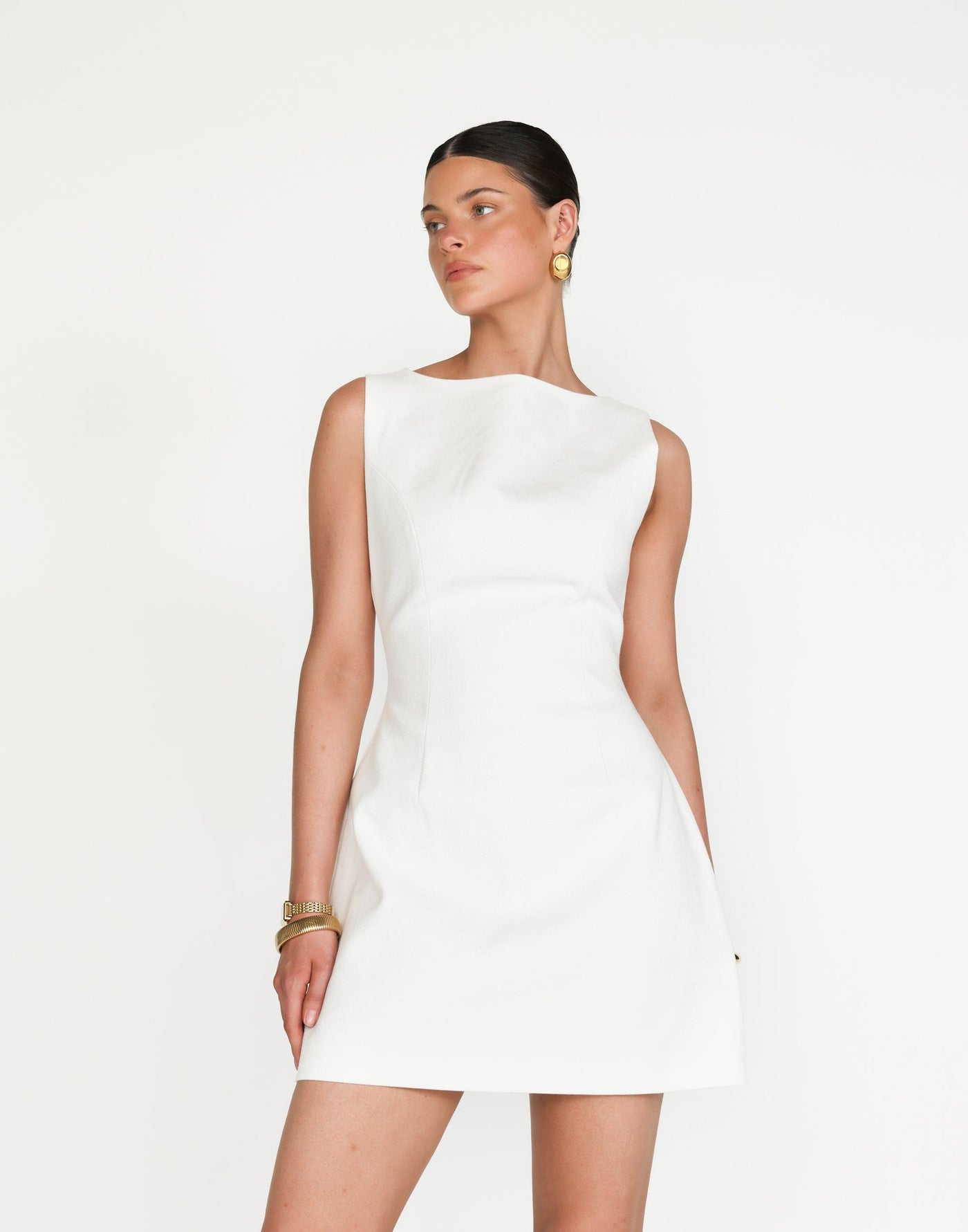 Anders Mini Dress (White) | CHARCOAL Exclusive - Wide Hip Flared Hem Fitted Mini Dress - Women's Dress - Charcoal Clothing