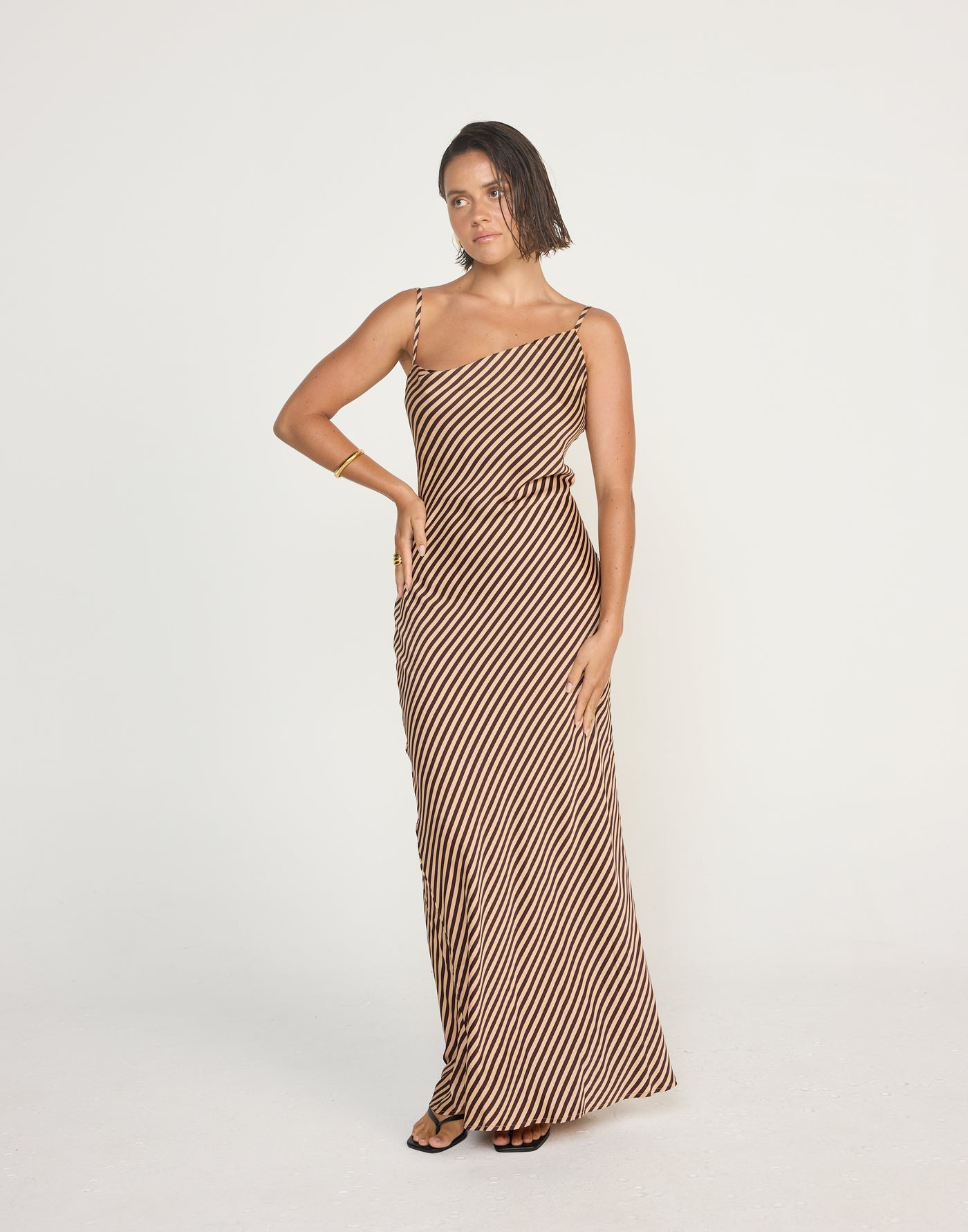 Nigella Maxi Dress (Caramel Pinstripe) | CHARCOAL Exclusive - Cowl Neck Asymmetrical Satin Maxi Dress - Women's Dress - Charcoal Clothing