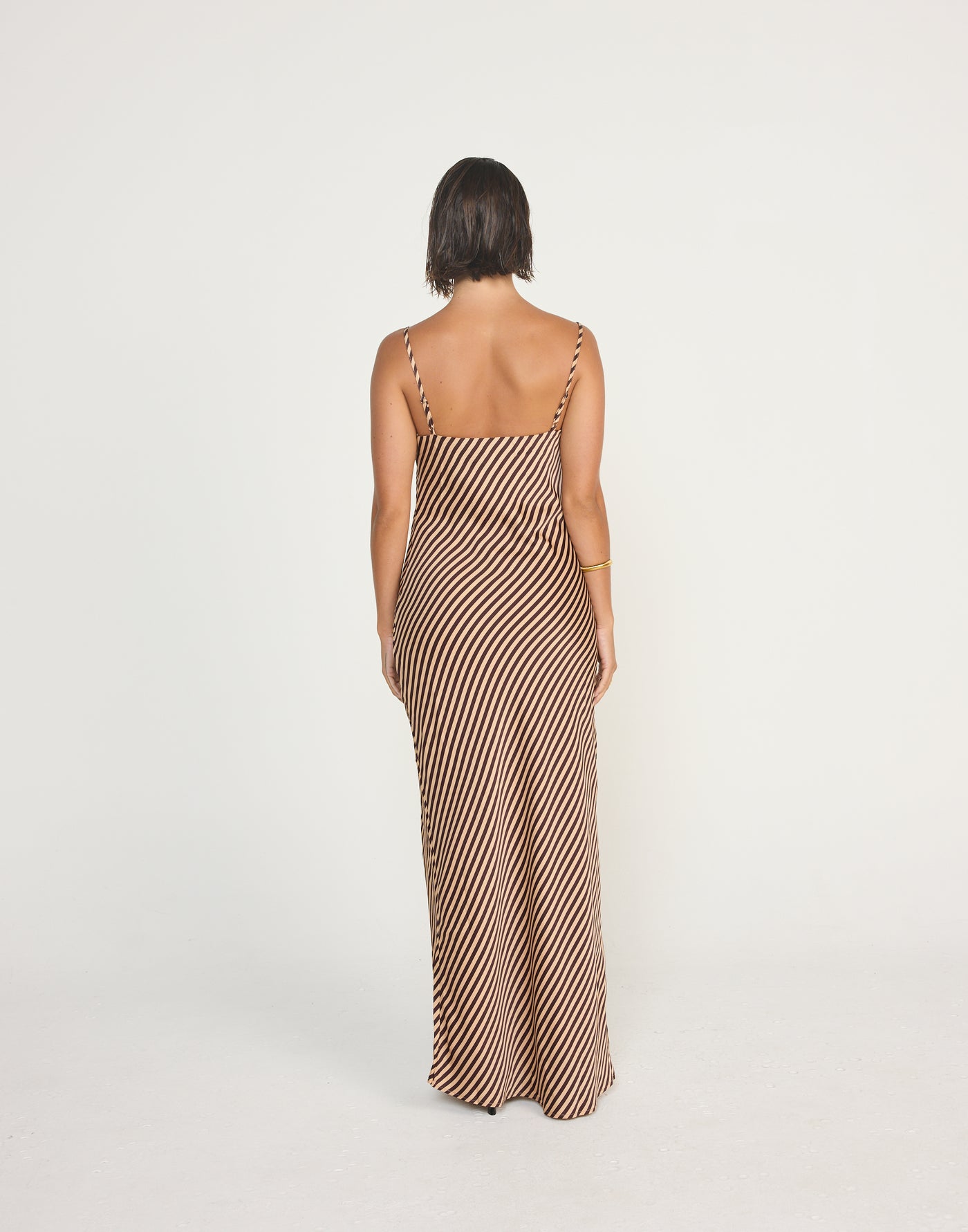 Nigella Maxi Dress (Caramel Pinstripe) | CHARCOAL Exclusive - Cowl Neck Asymmetrical Satin Maxi Dress - Women's Dress - Charcoal Clothing
