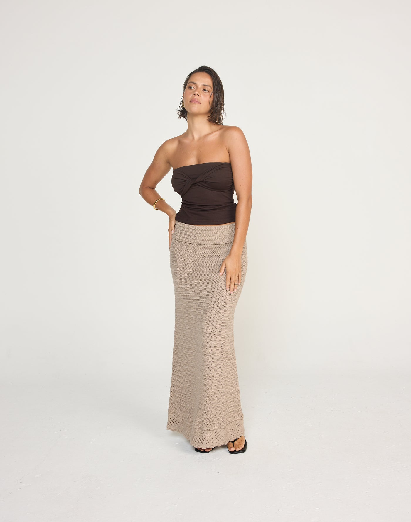 Breeze Top (Chocolate) | CHARCOAL EXCLUSIVE | Strapless Bodycon Top Twisted Bust Detail - Women's Top - Charcoal Clothing