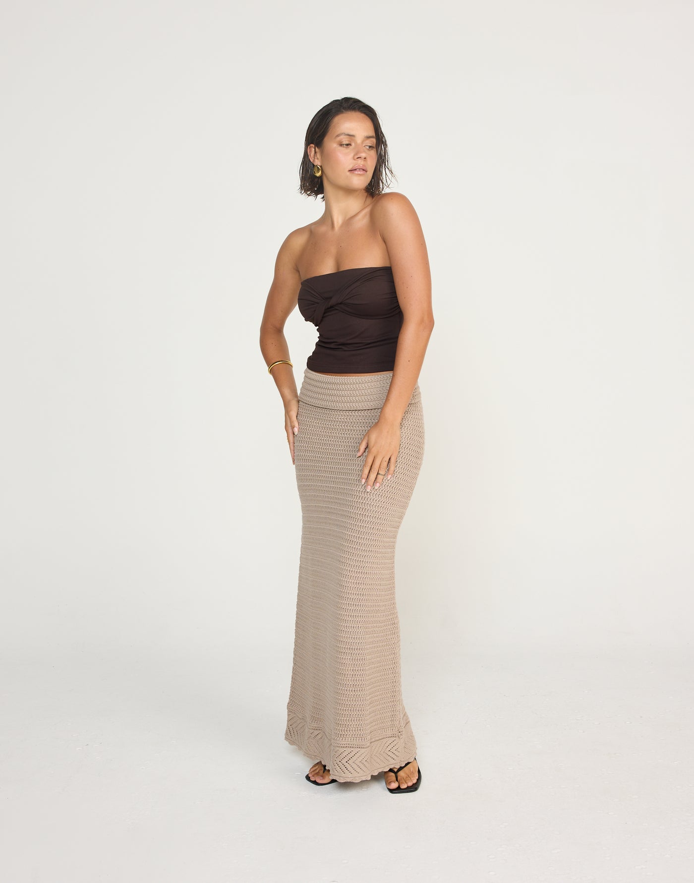 Breeze Top (Chocolate) | CHARCOAL EXCLUSIVE | Strapless Bodycon Top Twisted Bust Detail - Women's Top - Charcoal Clothing