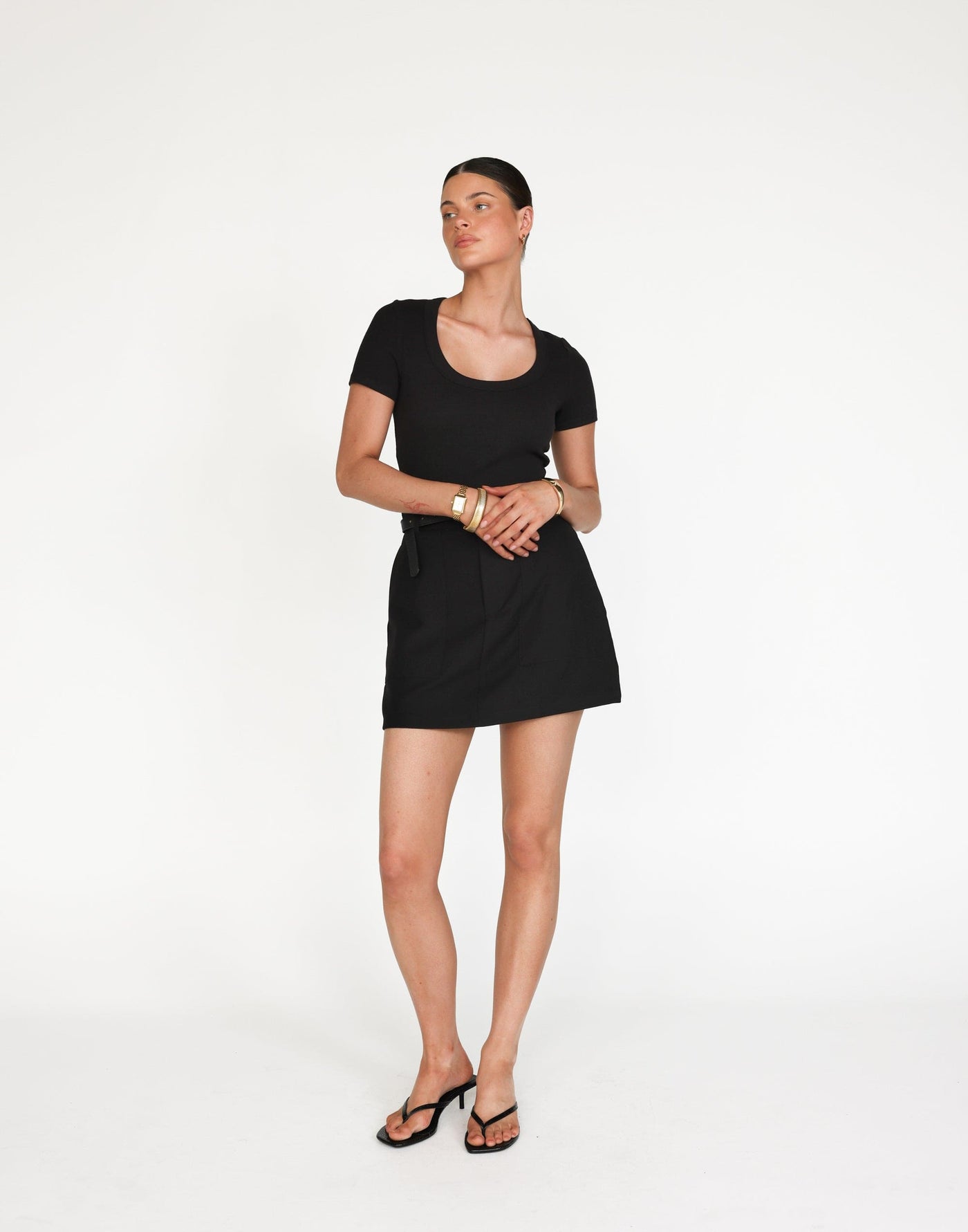 Kathleen Short Sleeve Top (Black) | CHARCOAL Exclusive - Ribbed Scoop Neck Bodycon Top - Women's Top - Charcoal Clothing