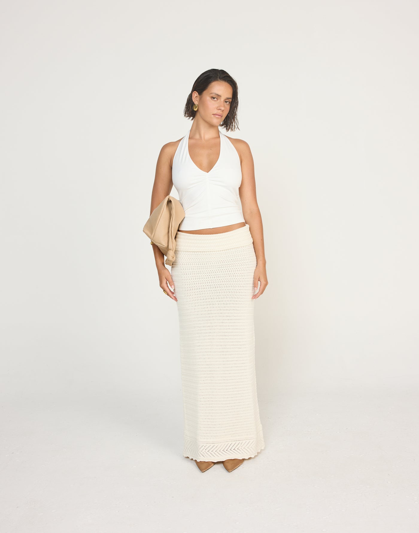Marina Top (White) | CHARCOAL EXCLUSIVE | Halter Neckline Jersey Fabrication Fitted Top - Women's Top - Charcoal Clothing