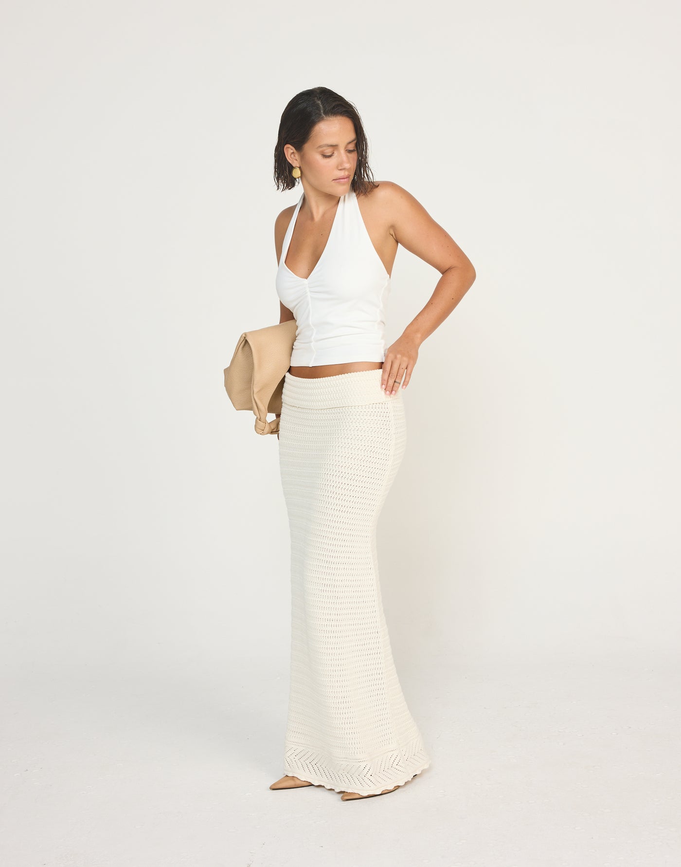 Amani Maxi Skirt (Off White) | CHARCOAL Exclusive - Fold Over Detail Maxi Skirt - Women's Skirt - Charcoal Clothing