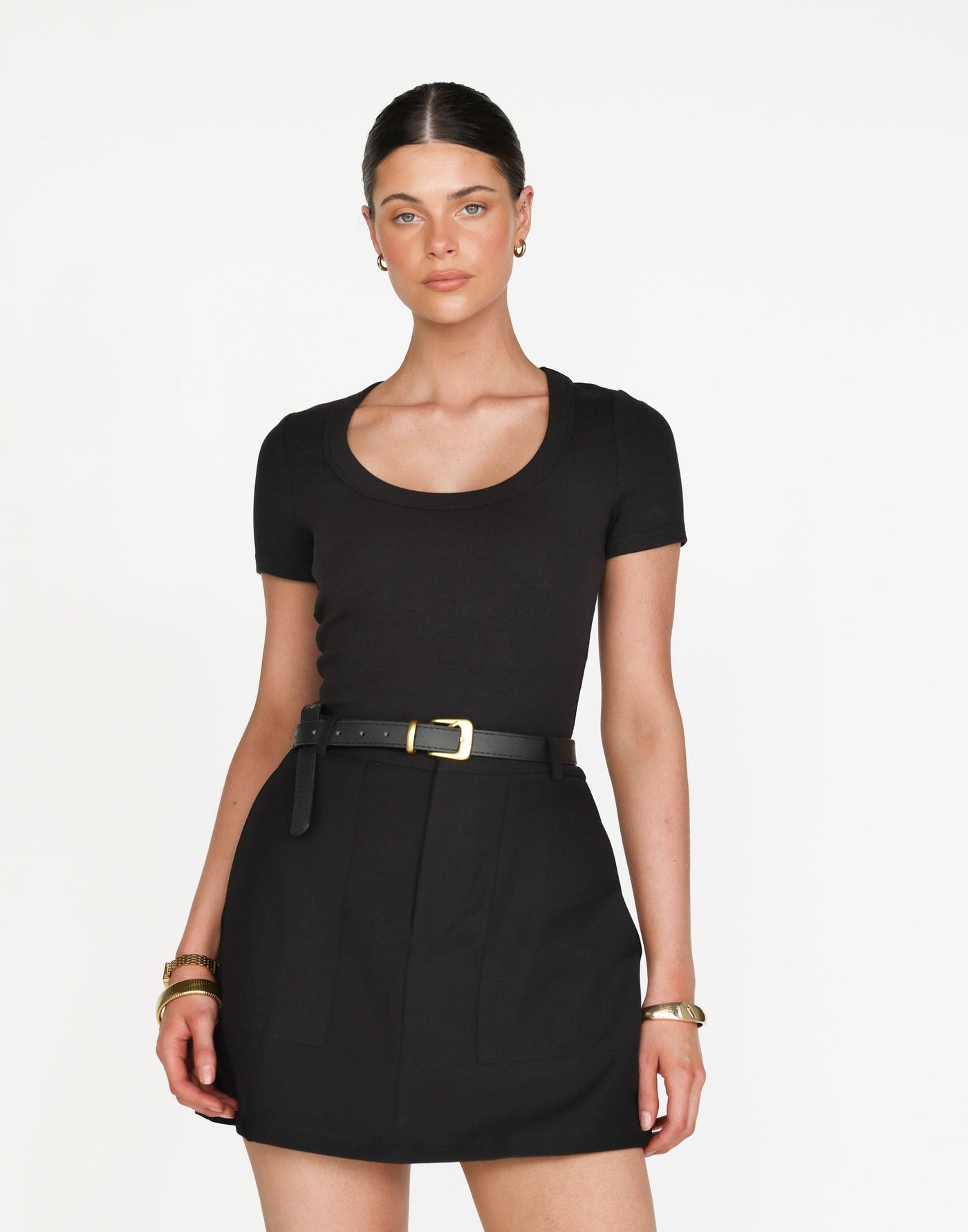 Kathleen Short Sleeve Top (Black) | CHARCOAL Exclusive - Ribbed Scoop Neck Bodycon Top - Women's Top - Charcoal Clothing