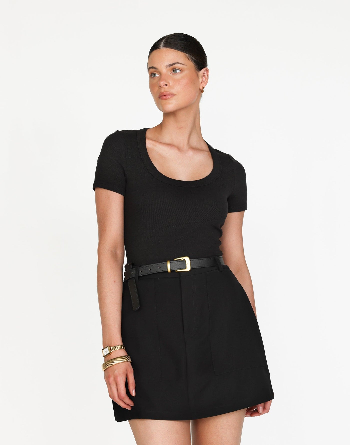 Kathleen Short Sleeve Top (Black) | CHARCOAL Exclusive - Ribbed Scoop Neck Bodycon Top - Women's Top - Charcoal Clothing
