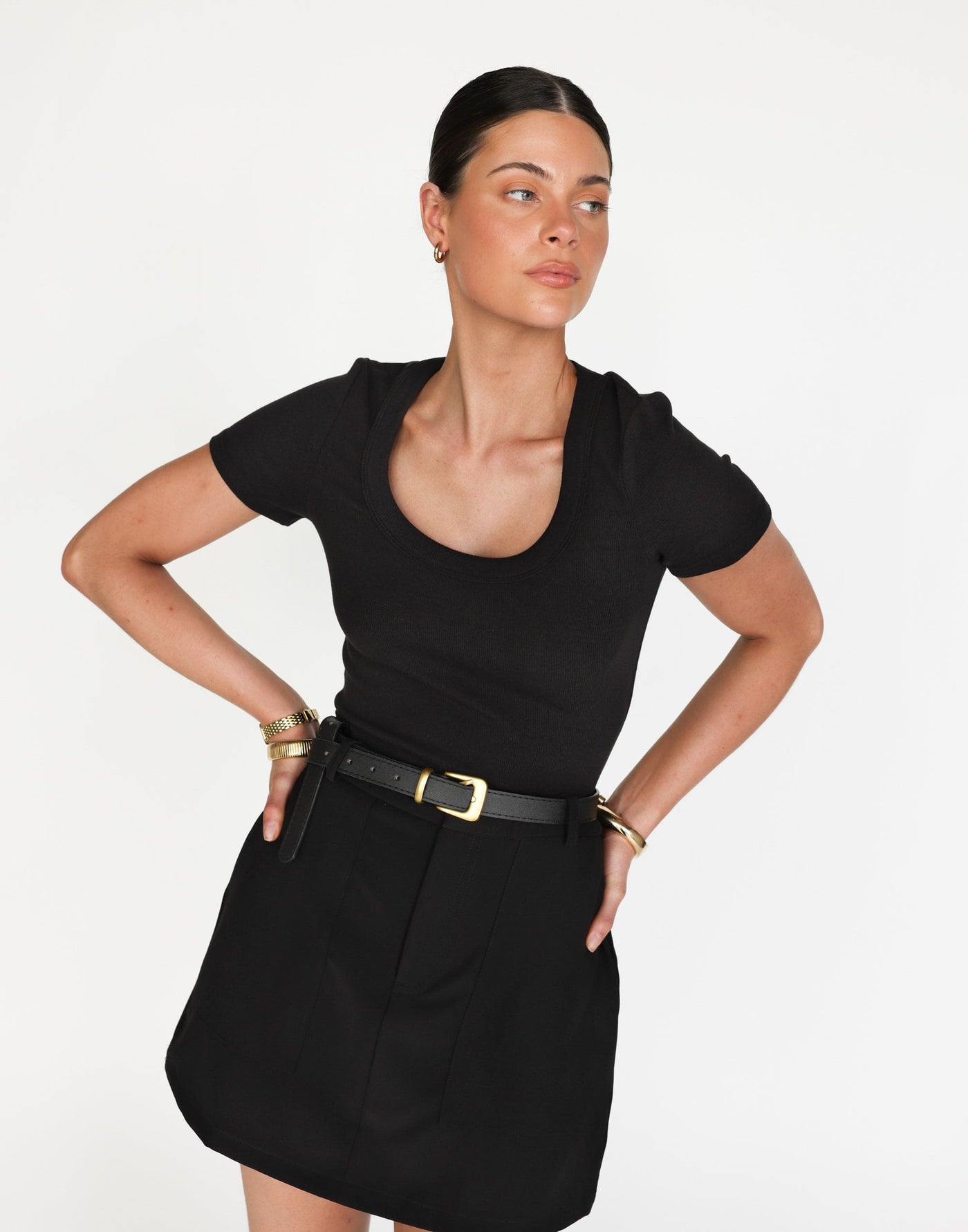 Kathleen Short Sleeve Top (Black) | CHARCOAL Exclusive - Ribbed Scoop Neck Bodycon Top - Women's Top - Charcoal Clothing