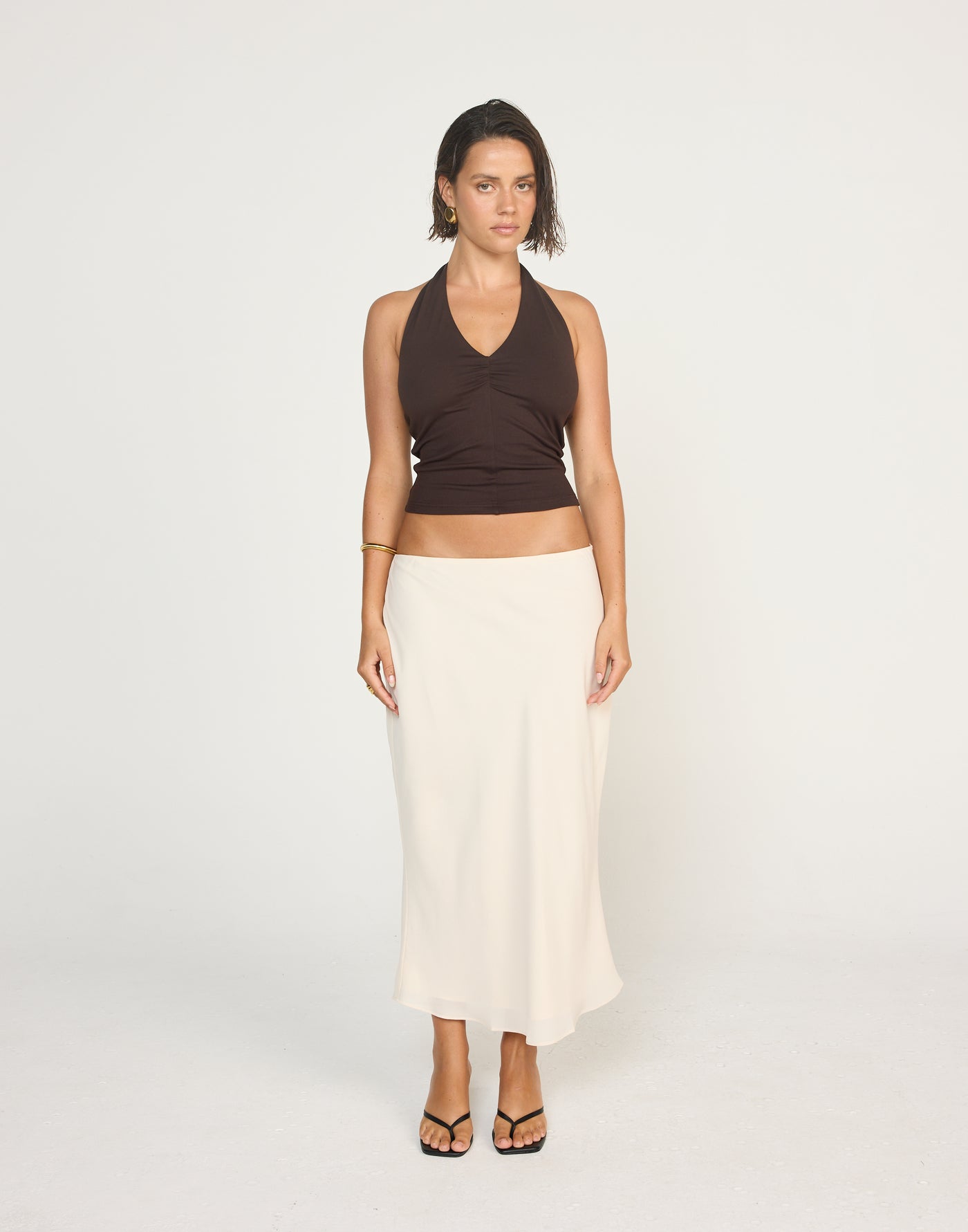 Marina Top (Chocolate) | CHARCOAL EXCLUSIVE | Halter Neckline Jersey Fabrication Fitted Top - Women's Top - Charcoal Clothing