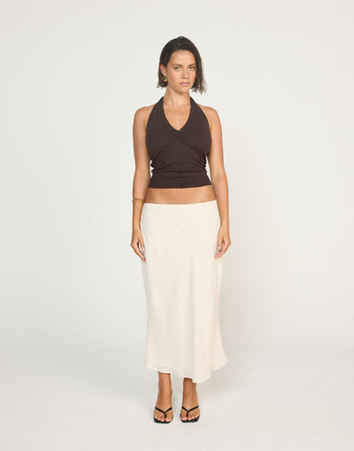 Marina Top (Chocolate) | CHARCOAL EXCLUSIVE | Halter Neckline Jersey Fabrication Fitted Top - Women's Top - Charcoal Clothing