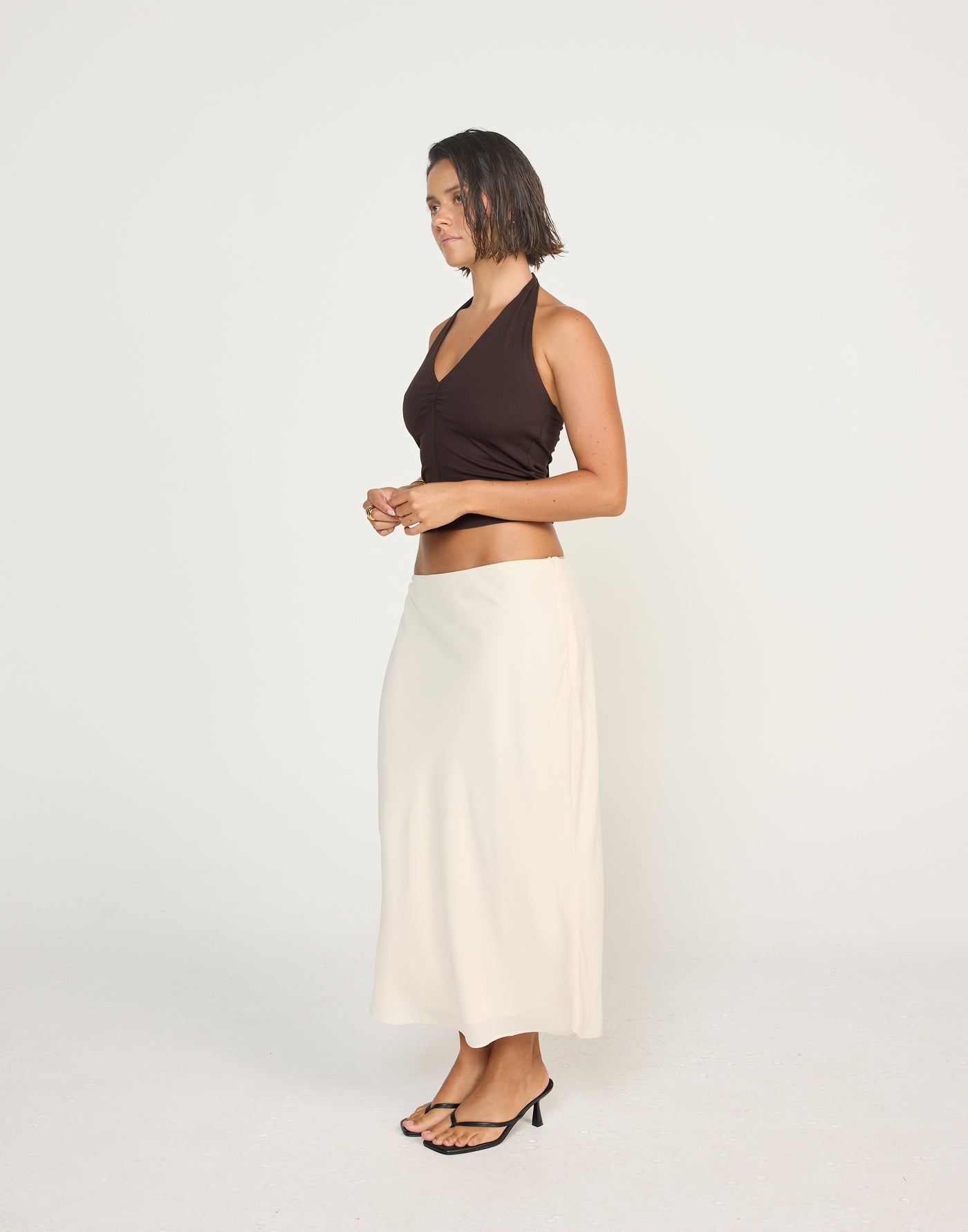Marina Top (Chocolate) | CHARCOAL EXCLUSIVE | Halter Neckline Jersey Fabrication Fitted Top - Women's Top - Charcoal Clothing