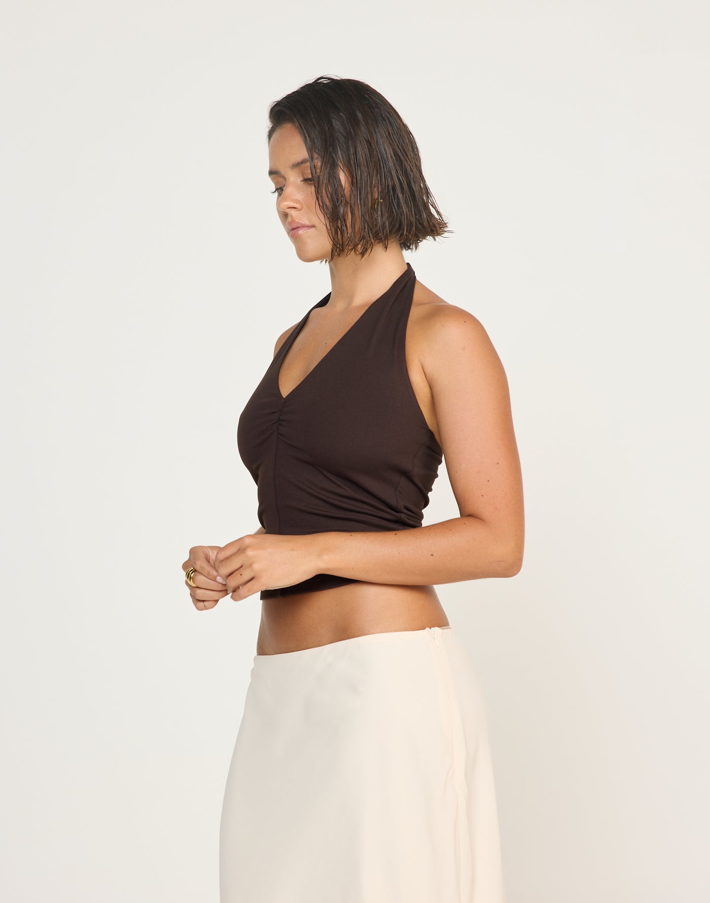 Marina Top (Chocolate) | CHARCOAL EXCLUSIVE | Halter Neckline Jersey Fabrication Fitted Top - Women's Top - Charcoal Clothing