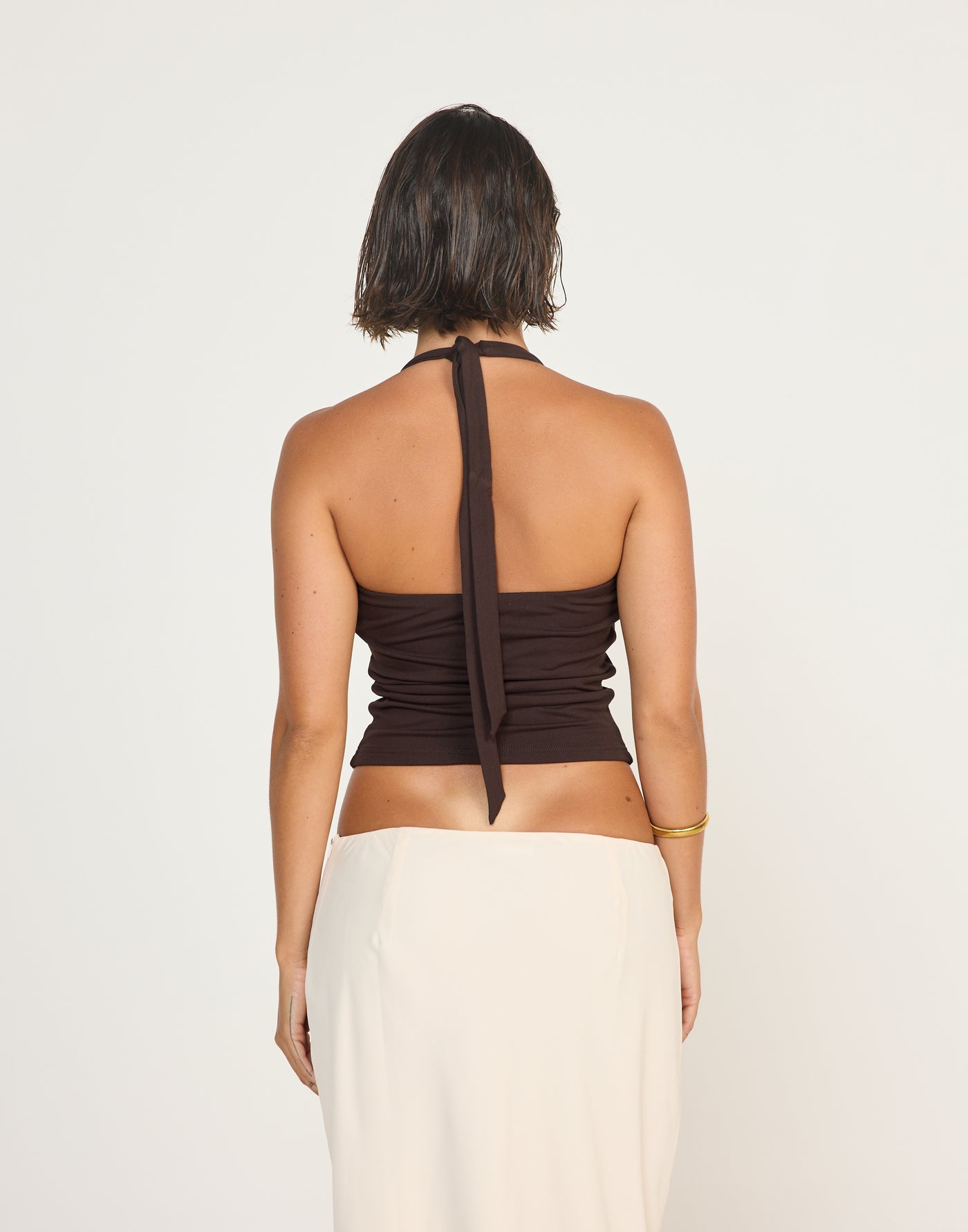 Marina Top (Chocolate) | CHARCOAL EXCLUSIVE | Halter Neckline Jersey Fabrication Fitted Top - Women's Top - Charcoal Clothing