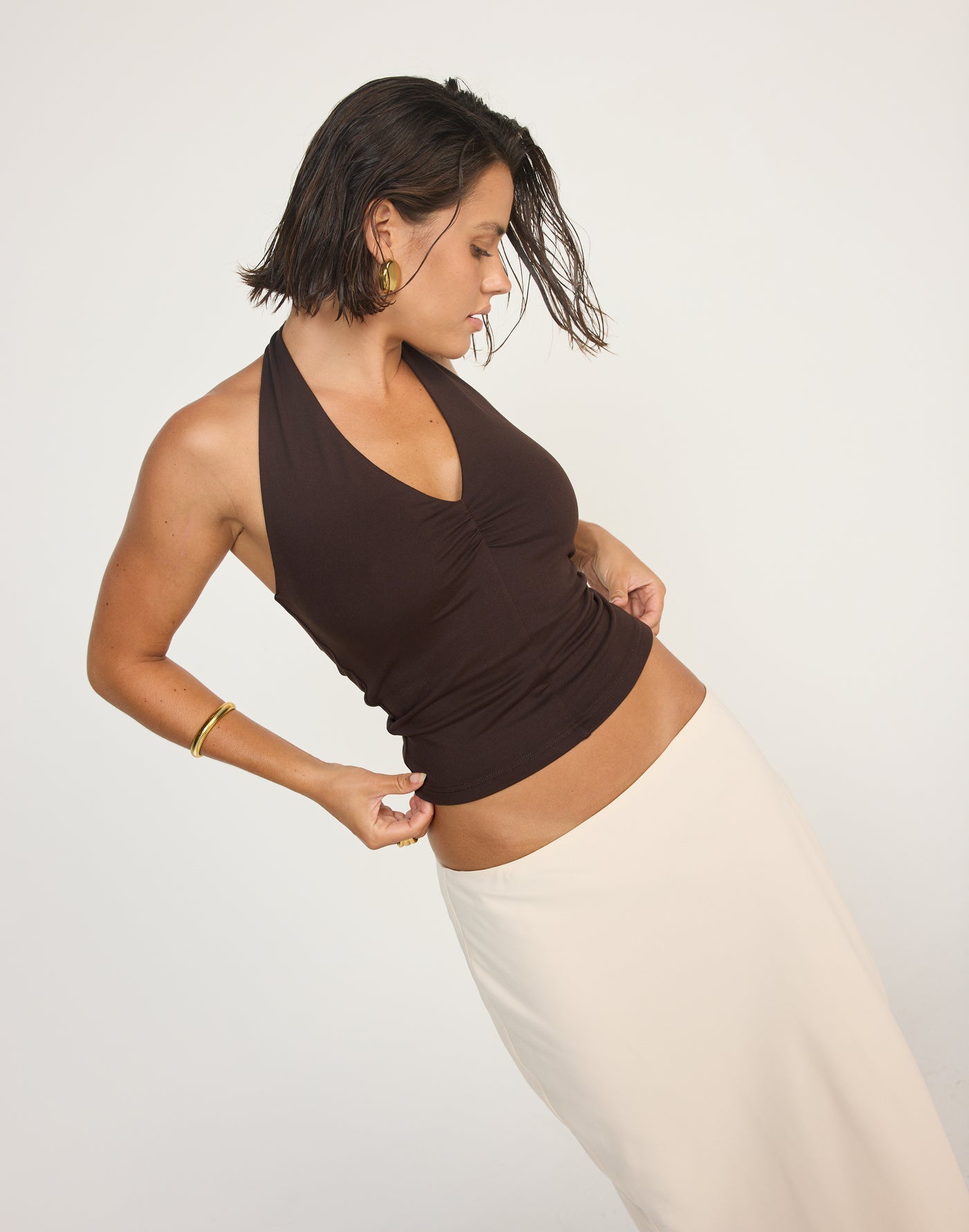 Marina Top (Chocolate) | CHARCOAL EXCLUSIVE | Halter Neckline Jersey Fabrication Fitted Top - Women's Top - Charcoal Clothing