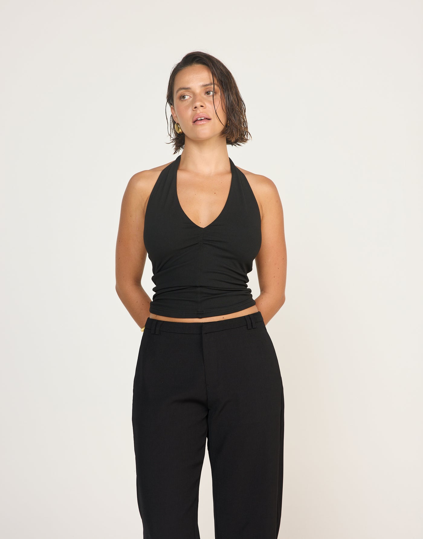 Marina Top (Black) | CHARCOAL EXCLUSIVE | Halter Neckline Jersey Fabrication Fitted Top - Women's Top - Charcoal Clothing