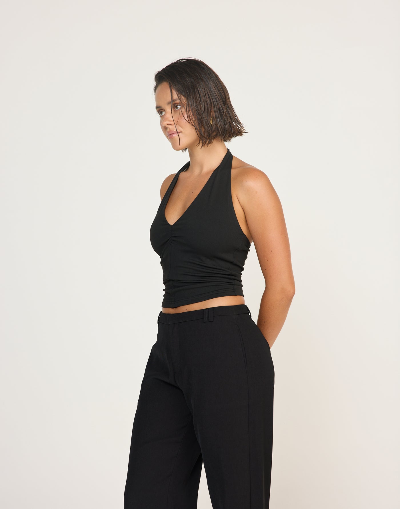 Marina Top (Black) | CHARCOAL EXCLUSIVE | Halter Neckline Jersey Fabrication Fitted Top - Women's Top - Charcoal Clothing
