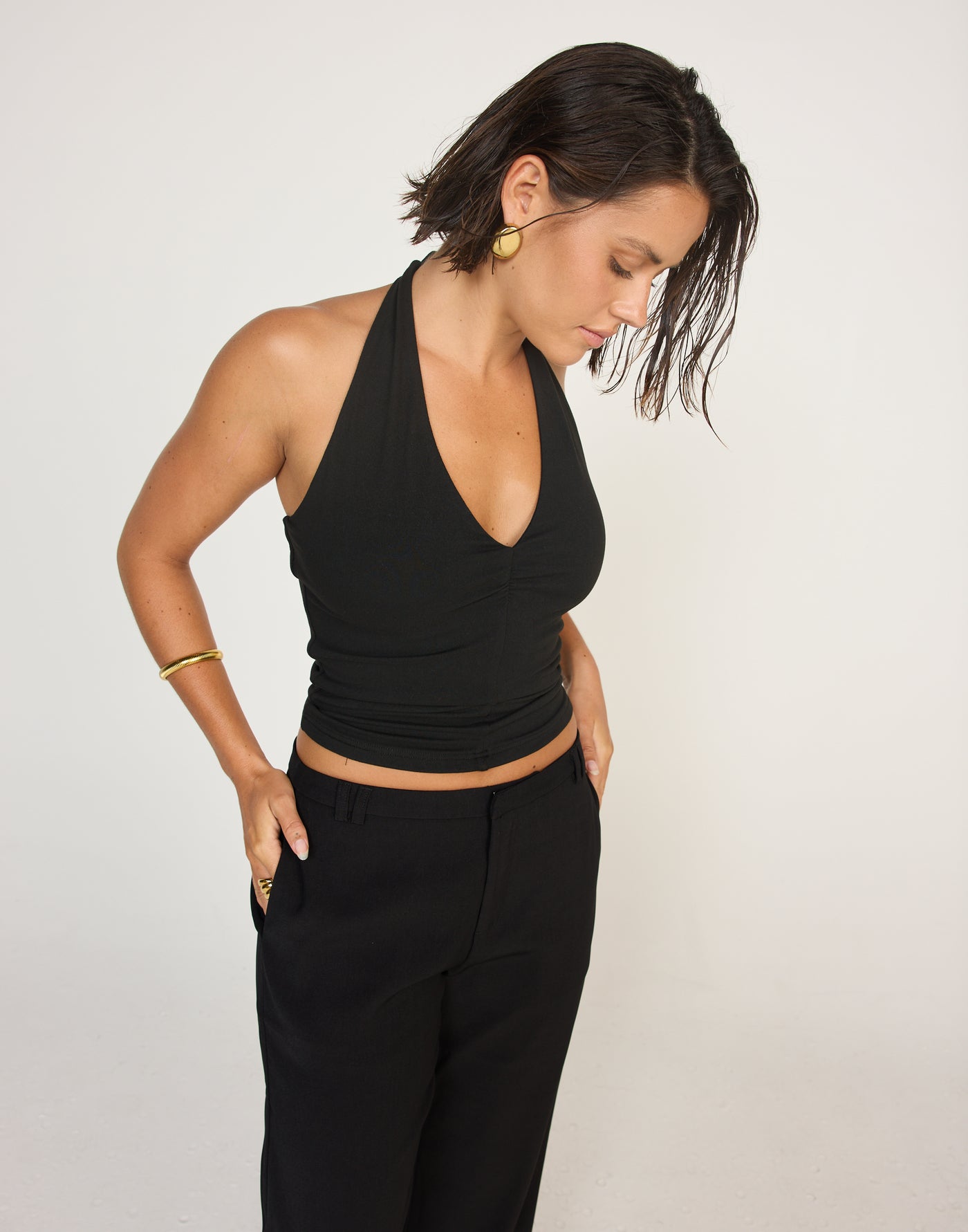 Marina Top (Black) | CHARCOAL EXCLUSIVE | Halter Neckline Jersey Fabrication Fitted Top - Women's Top - Charcoal Clothing