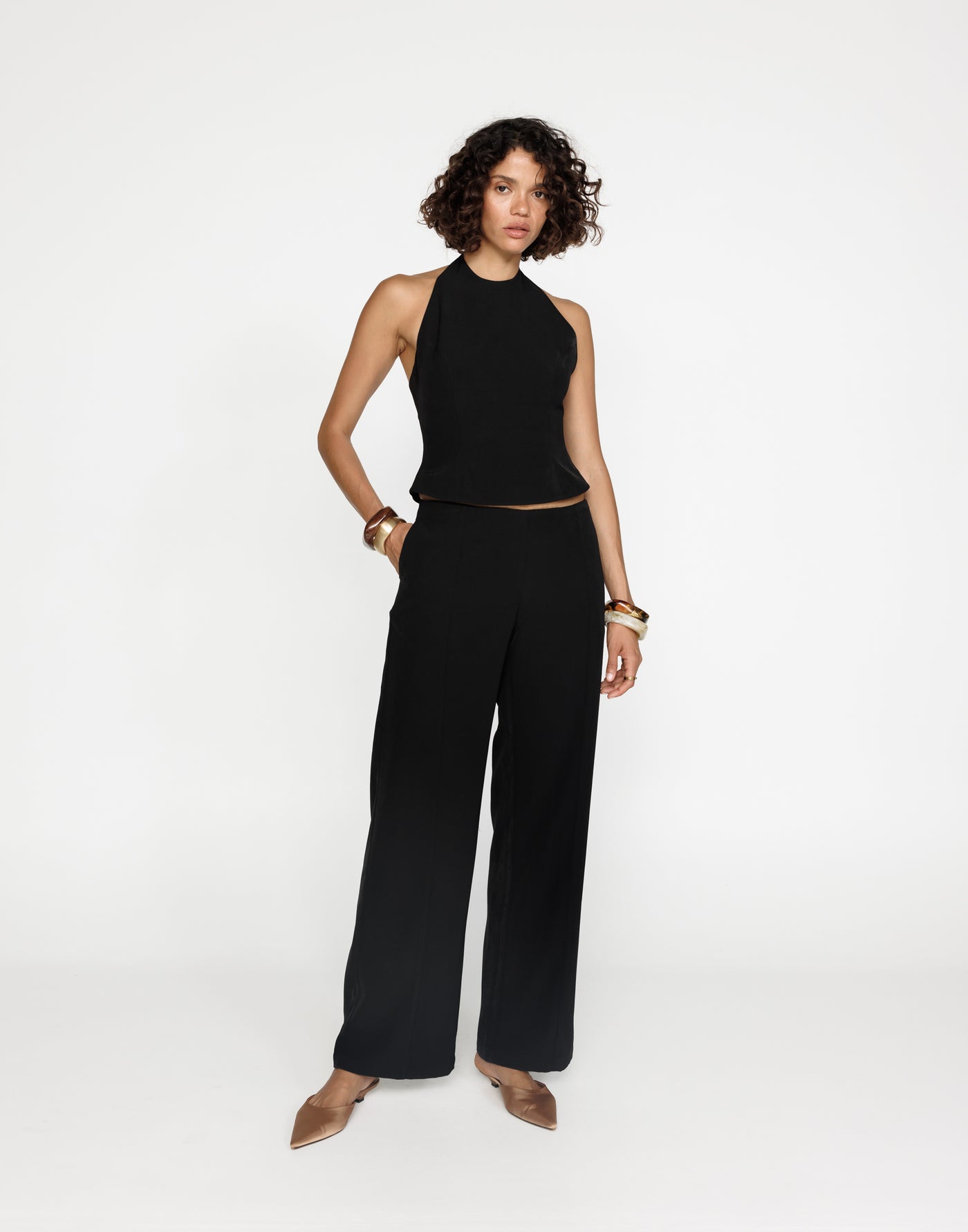 Kalla Top (Black) | CHARCOAL Exclusive - High Tie Up Neckline Button Back Closure Top - Women's Top - Charcoal Clothing