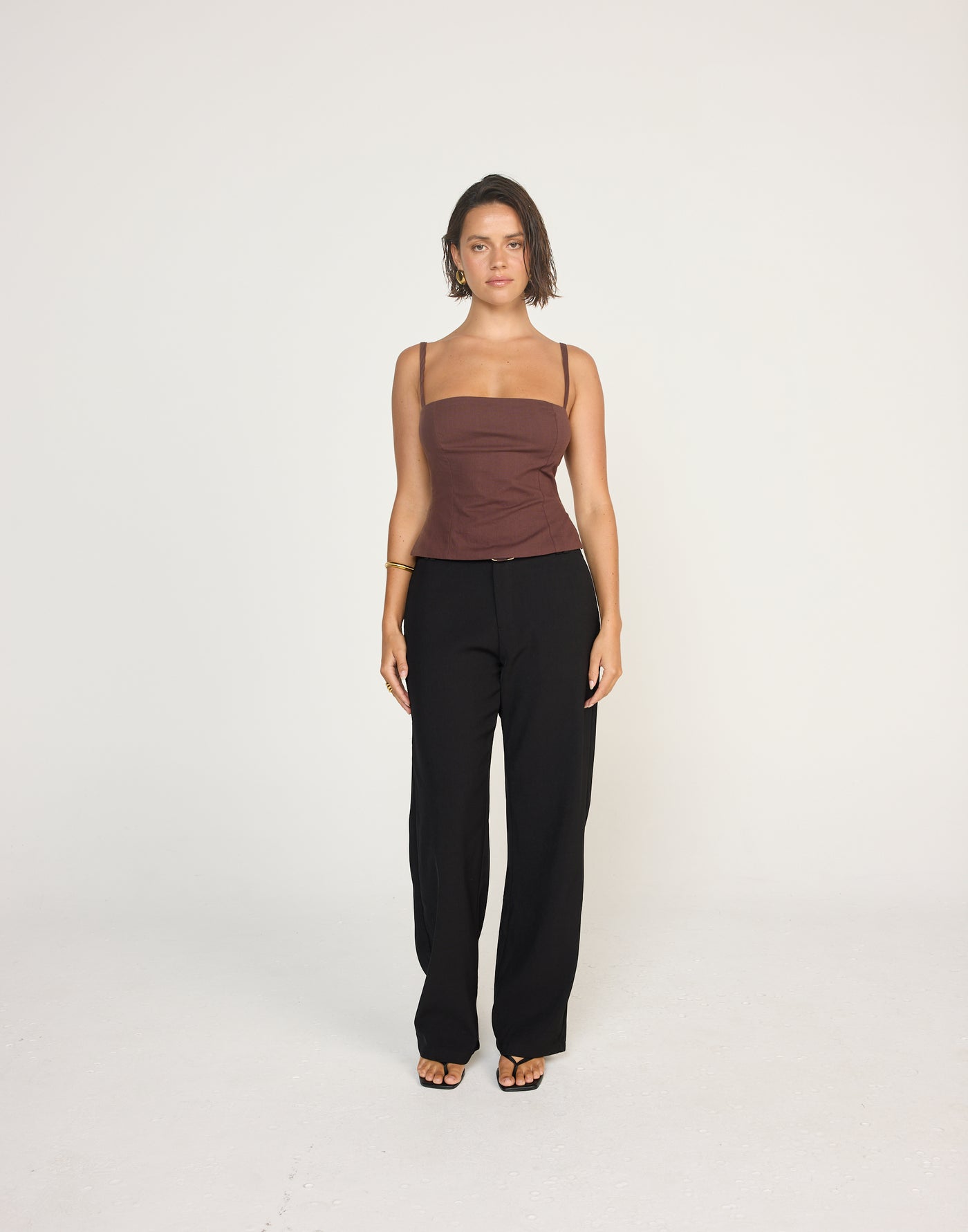 Sirena Top (Cocoa) | CHARCOAL EXLCUSIVE | Fitted Linen Top Flared Hem Adjustable Straps - Women's Top - Charcoal Clothing