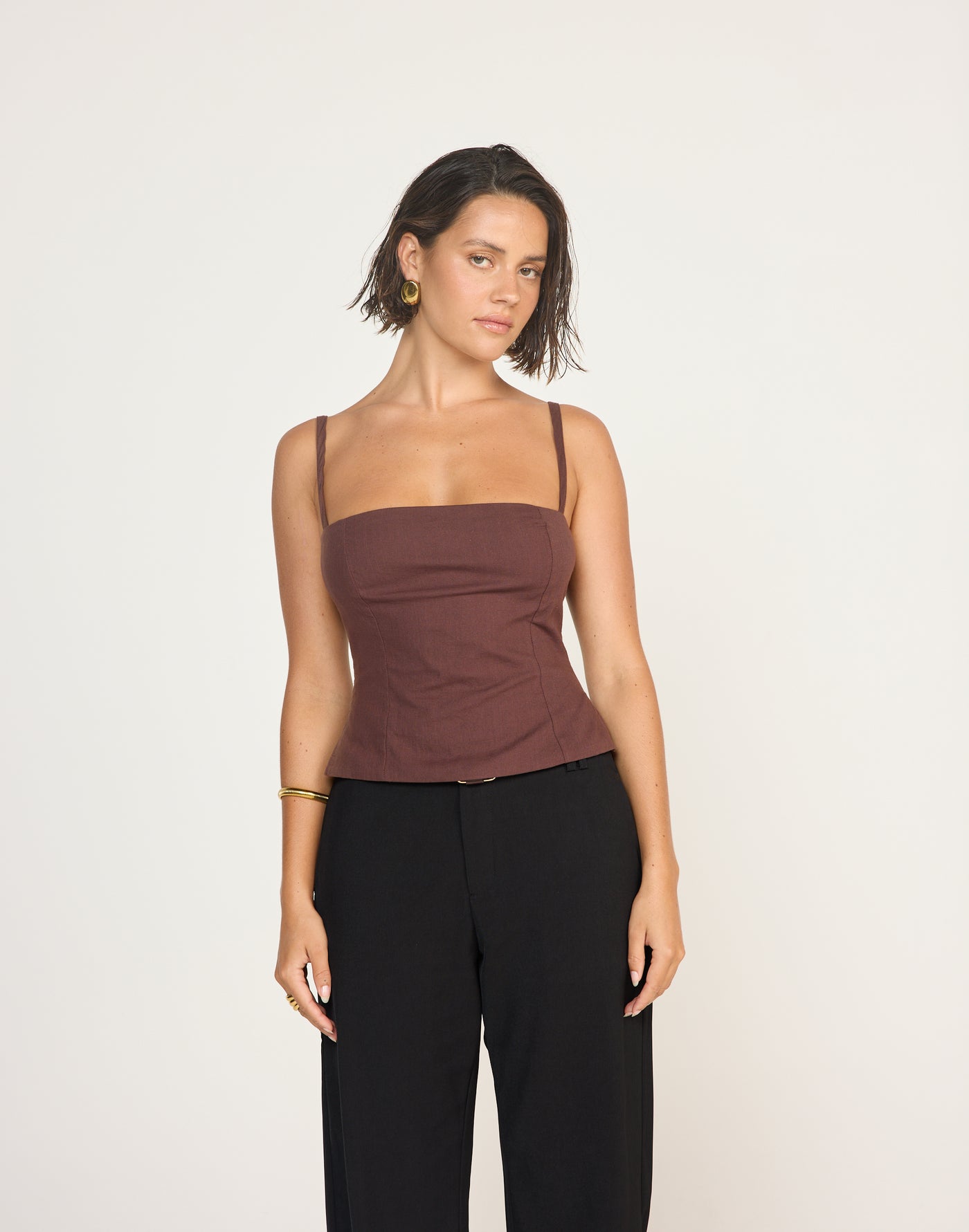 Sirena Top (Cocoa) | CHARCOAL EXLCUSIVE | Fitted Linen Top Flared Hem Adjustable Straps - Women's Top - Charcoal Clothing