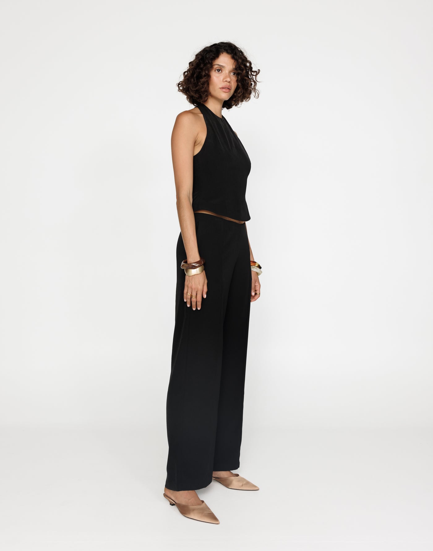 Kalla Top (Black) | CHARCOAL Exclusive - High Tie Up Neckline Button Back Closure Top - Women's Top - Charcoal Clothing