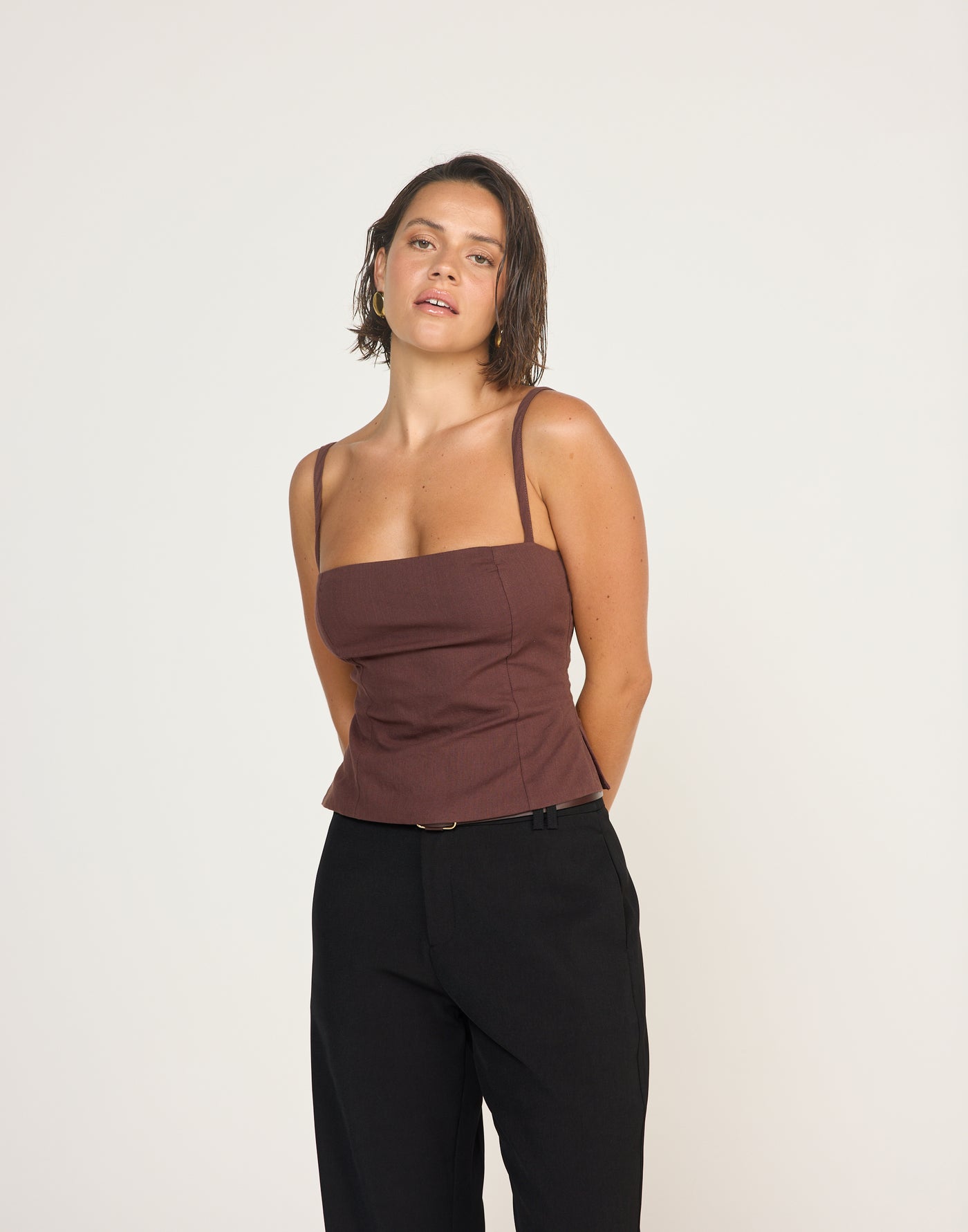 Sirena Top (Cocoa) | CHARCOAL EXLCUSIVE | Fitted Linen Top Flared Hem Adjustable Straps - Women's Top - Charcoal Clothing