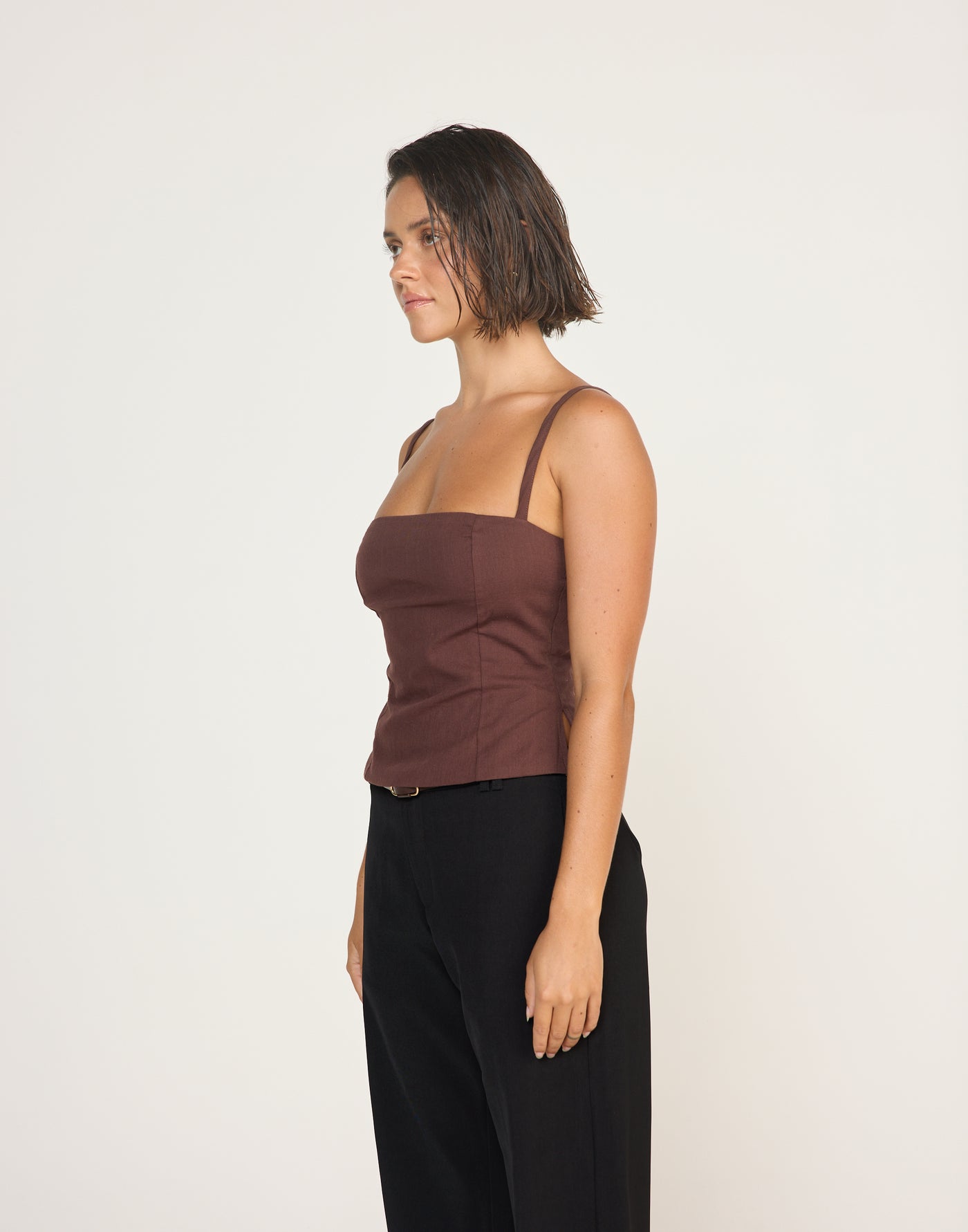Sirena Top (Cocoa) | CHARCOAL EXLCUSIVE | Fitted Linen Top Flared Hem Adjustable Straps - Women's Top - Charcoal Clothing
