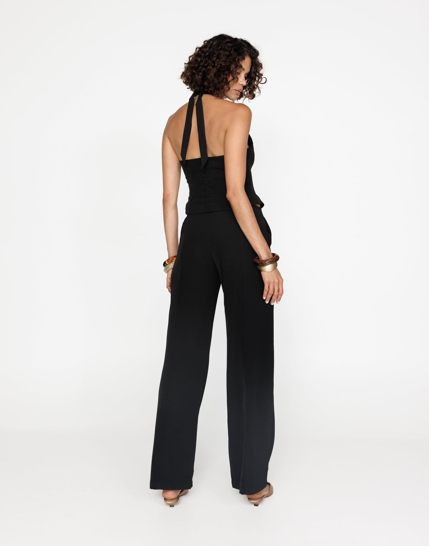Kalla Top (Black) | CHARCOAL Exclusive - High Tie Up Neckline Button Back Closure Top - Women's Top - Charcoal Clothing