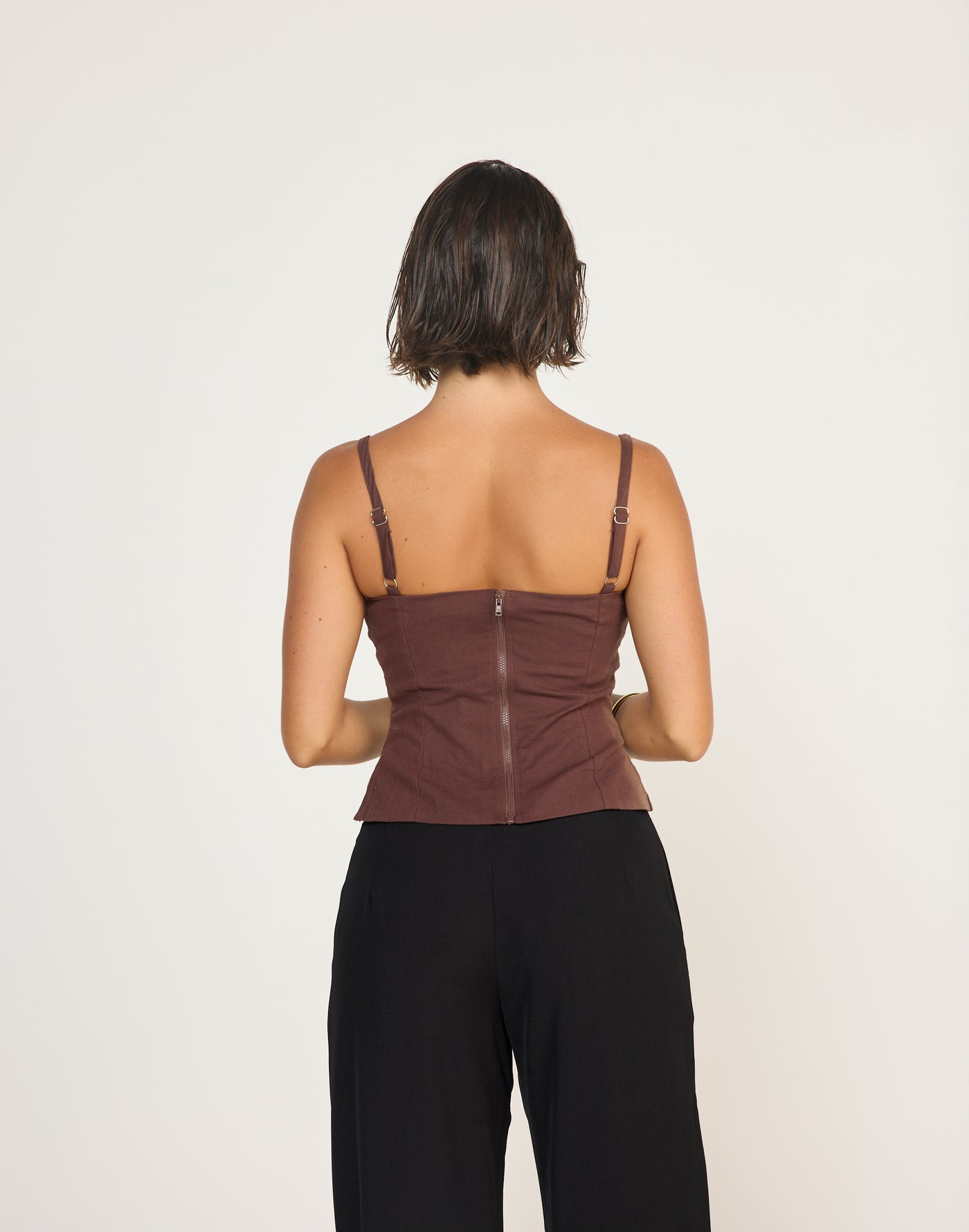 Sirena Top (Cocoa) | CHARCOAL EXLCUSIVE | Fitted Linen Top Flared Hem Adjustable Straps - Women's Top - Charcoal Clothing
